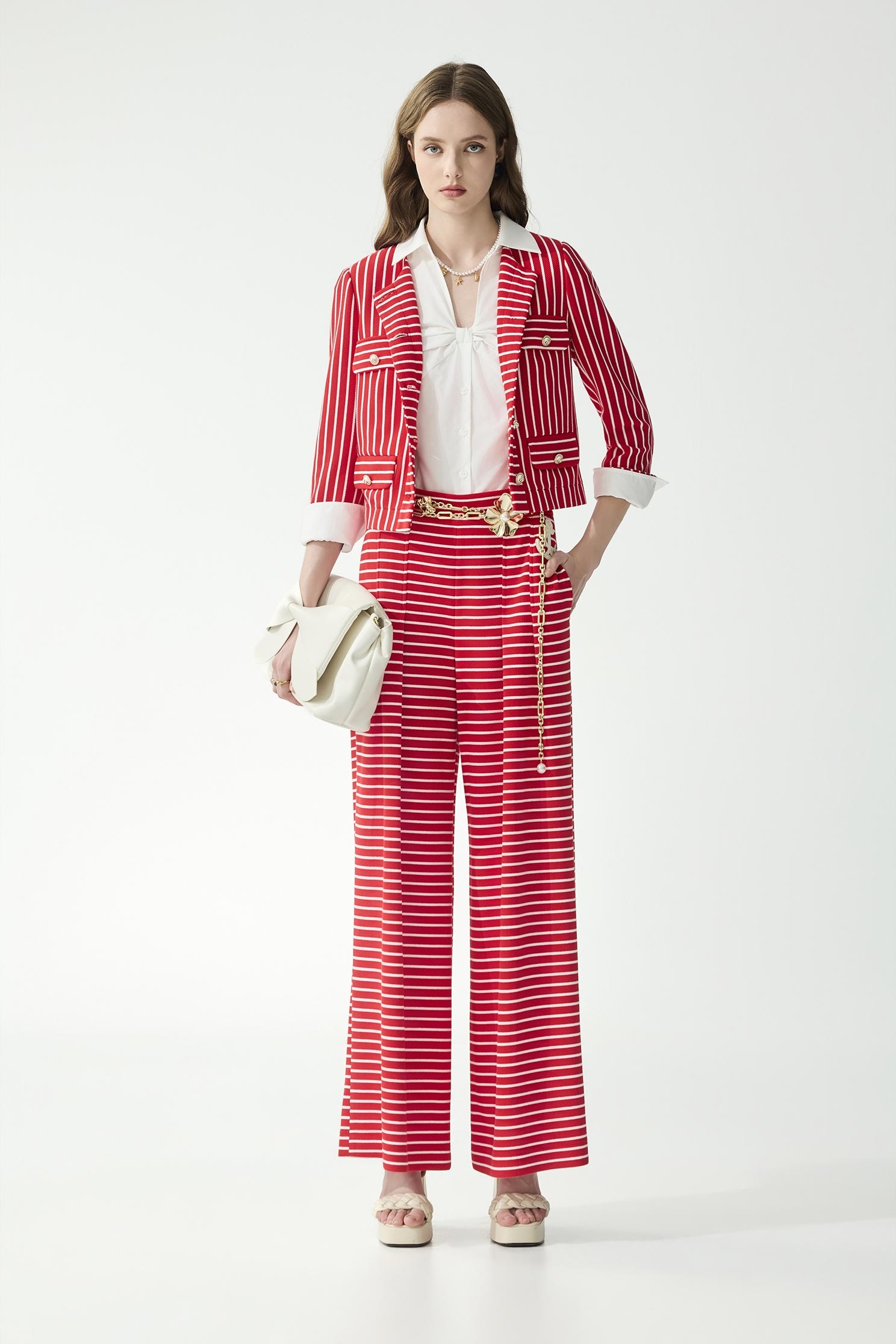 紅梅色小香風配條外套紅梅色小香風配條外套,一般外套,外套,小香風,春夏穿搭