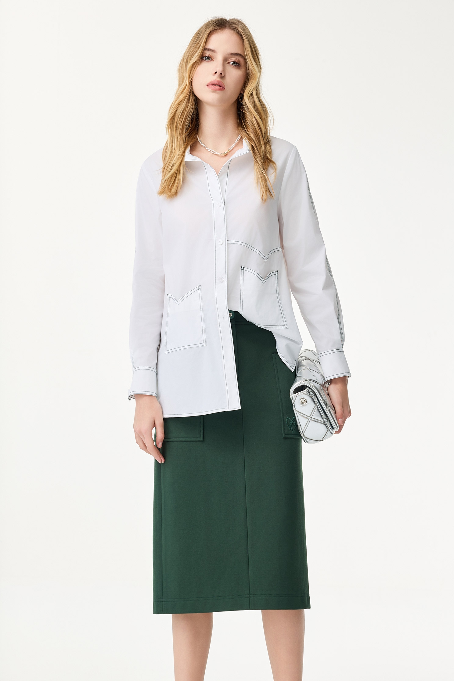 高山綠貼口袋中長裙高山綠貼口袋中長裙,上班OL穿搭,春夏穿搭,繡花,長裙