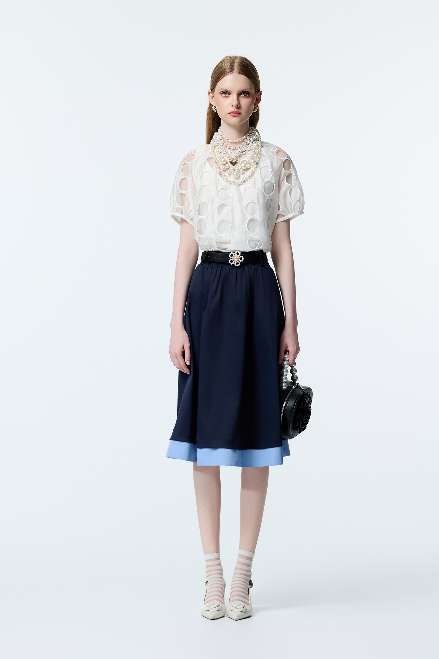 水手藍配色造型中長裙水手藍配色造型中長裙,A字裙,上班OL穿搭,人氣商品,秋冬穿搭,約會特輯,長裙