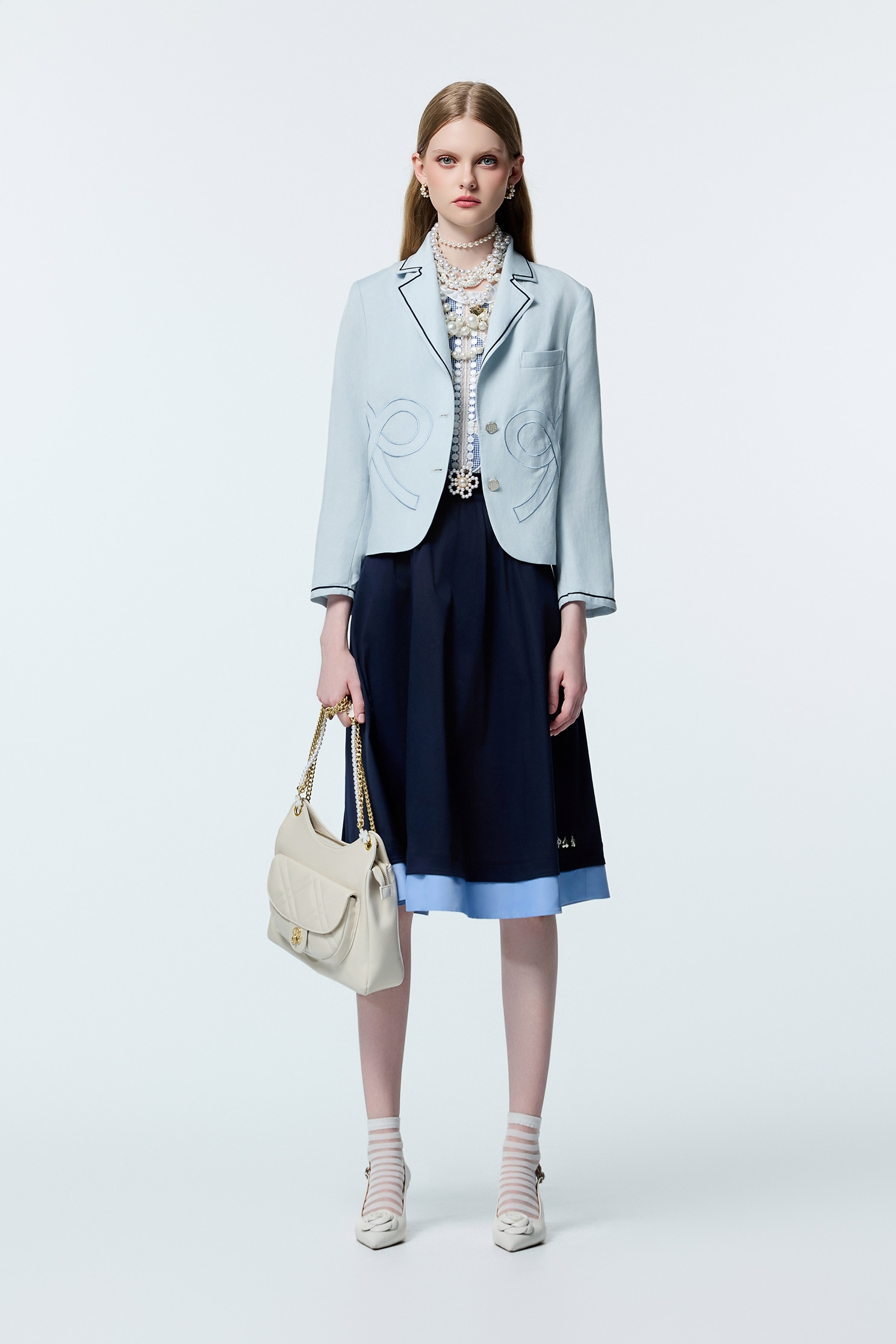 水手藍配色造型中長裙水手藍配色造型中長裙,A字裙,上班OL穿搭,人氣商品,秋冬穿搭,約會特輯,長裙