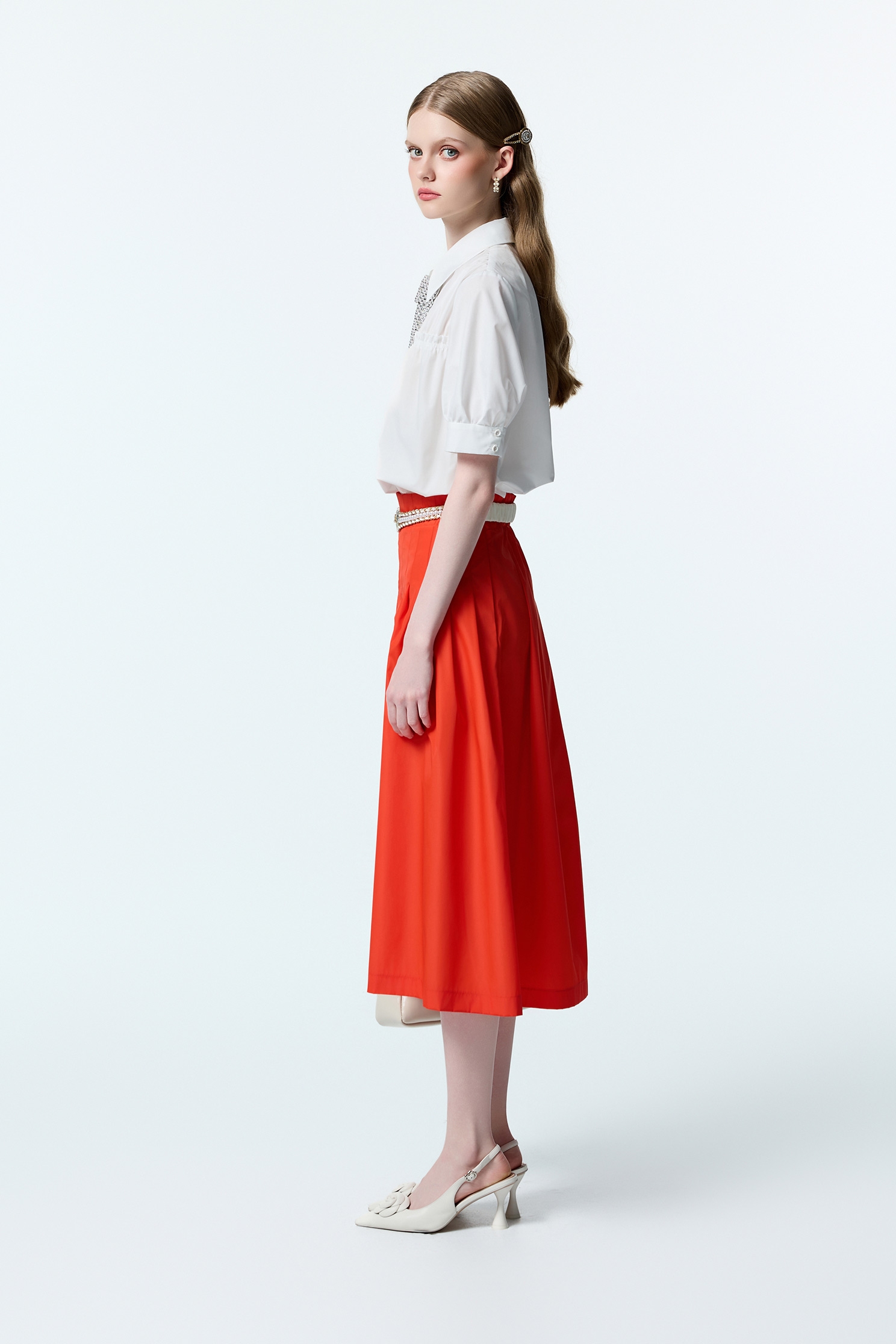 螢光耀火色綴摺飾長裙螢光耀火色綴摺飾長裙,時髦成套搭配,秋冬穿搭,約會特輯,長裙