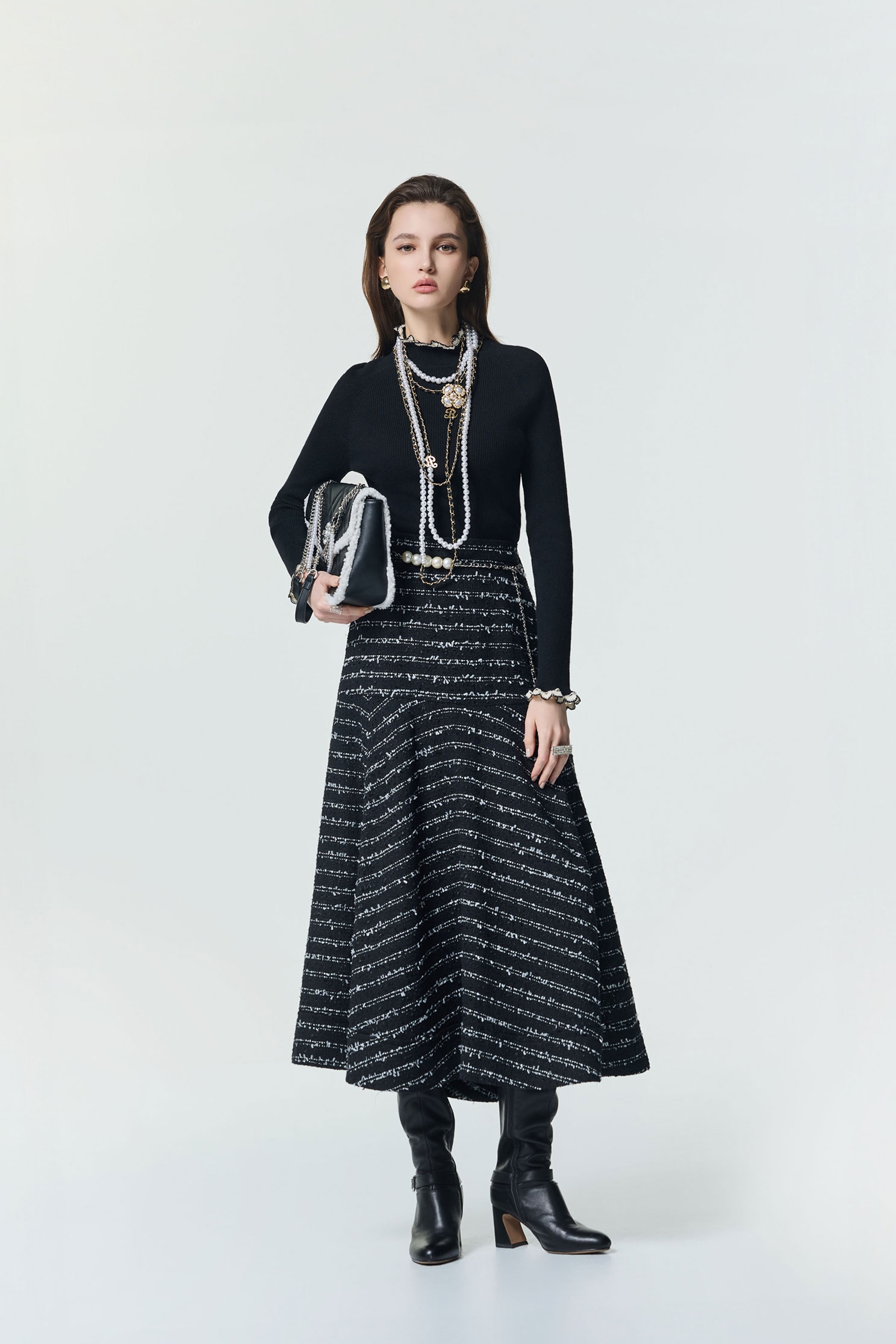 帶子紗花呢切展波浪中長裙帶子紗花呢切展波浪中長裙,春夏穿搭,珍珠,長裙,黑色裙子