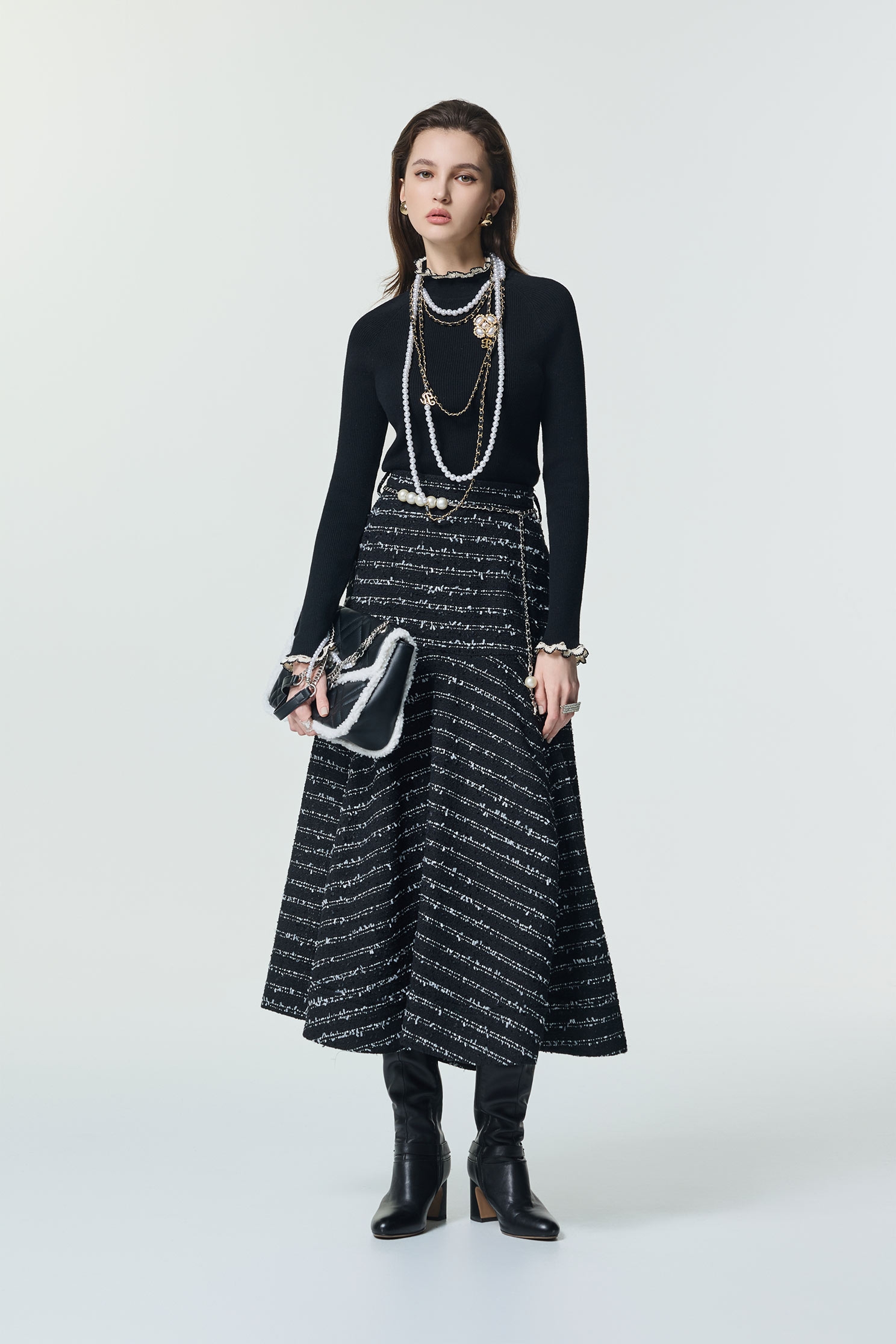 帶子紗花呢切展波浪中長裙帶子紗花呢切展波浪中長裙,春夏穿搭,珍珠,長裙,黑色裙子