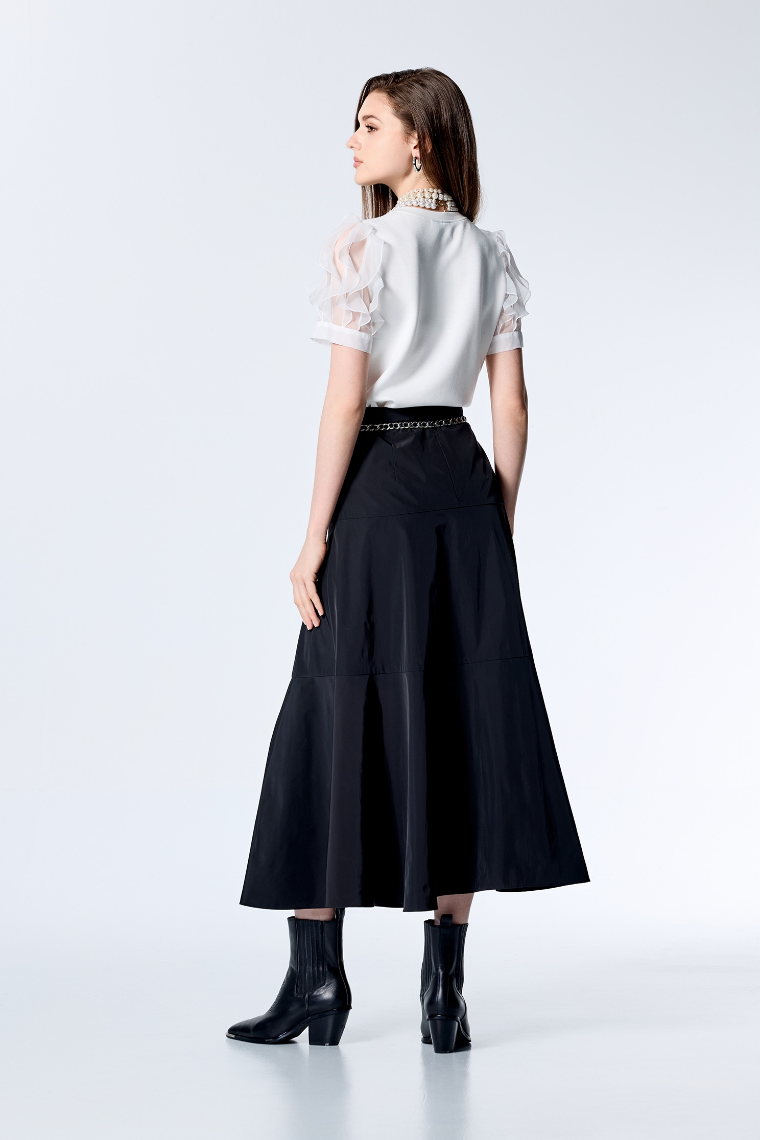 光澤黑塔夫波浪中長裙光澤黑塔夫波浪中長裙,春夏穿搭,長裙,黑色裙子