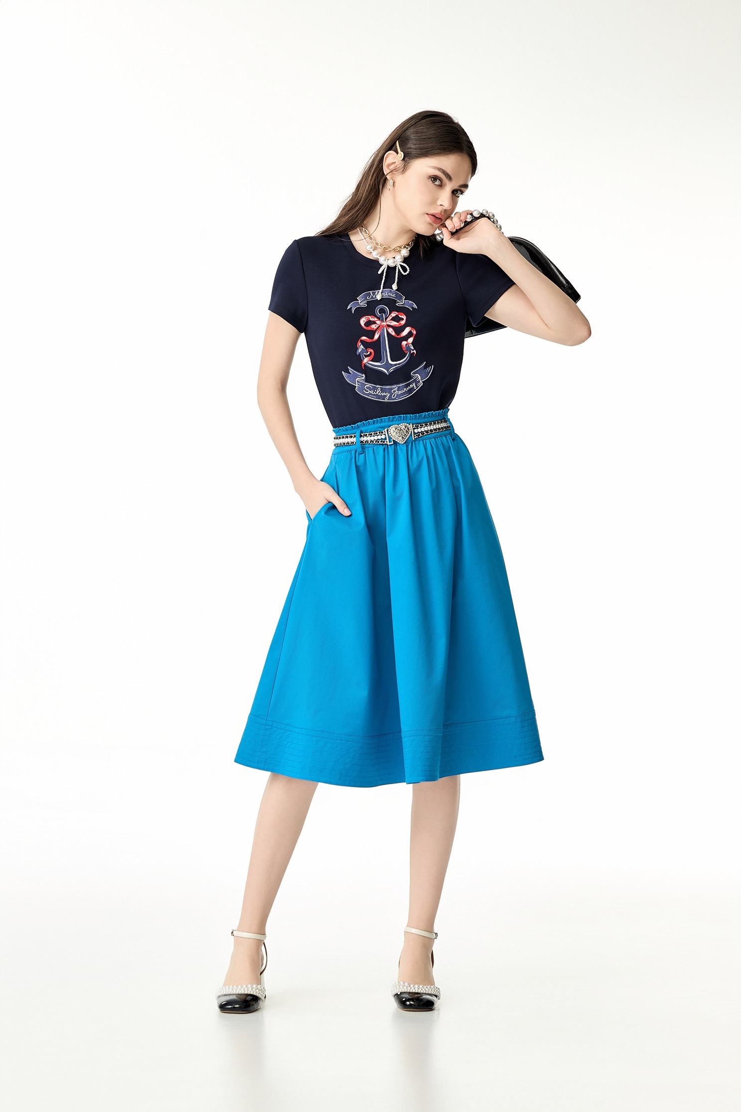 水生藍車線造型裙水生藍車線造型裙,A字裙,人氣商品,春夏穿搭,長裙