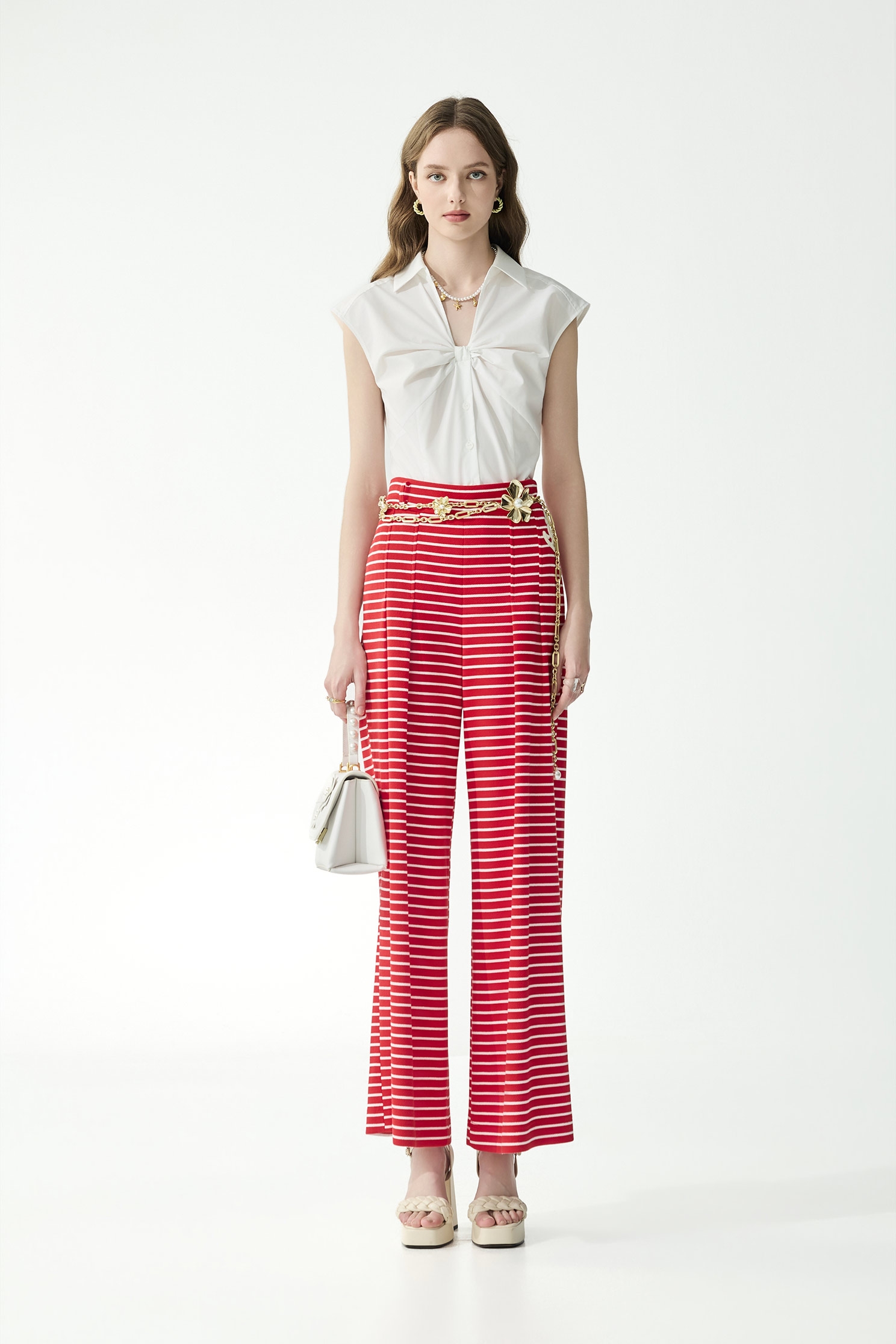 紅梅色配條寬腿褲紅梅色配條寬腿褲,寬褲,春夏穿搭,褲子