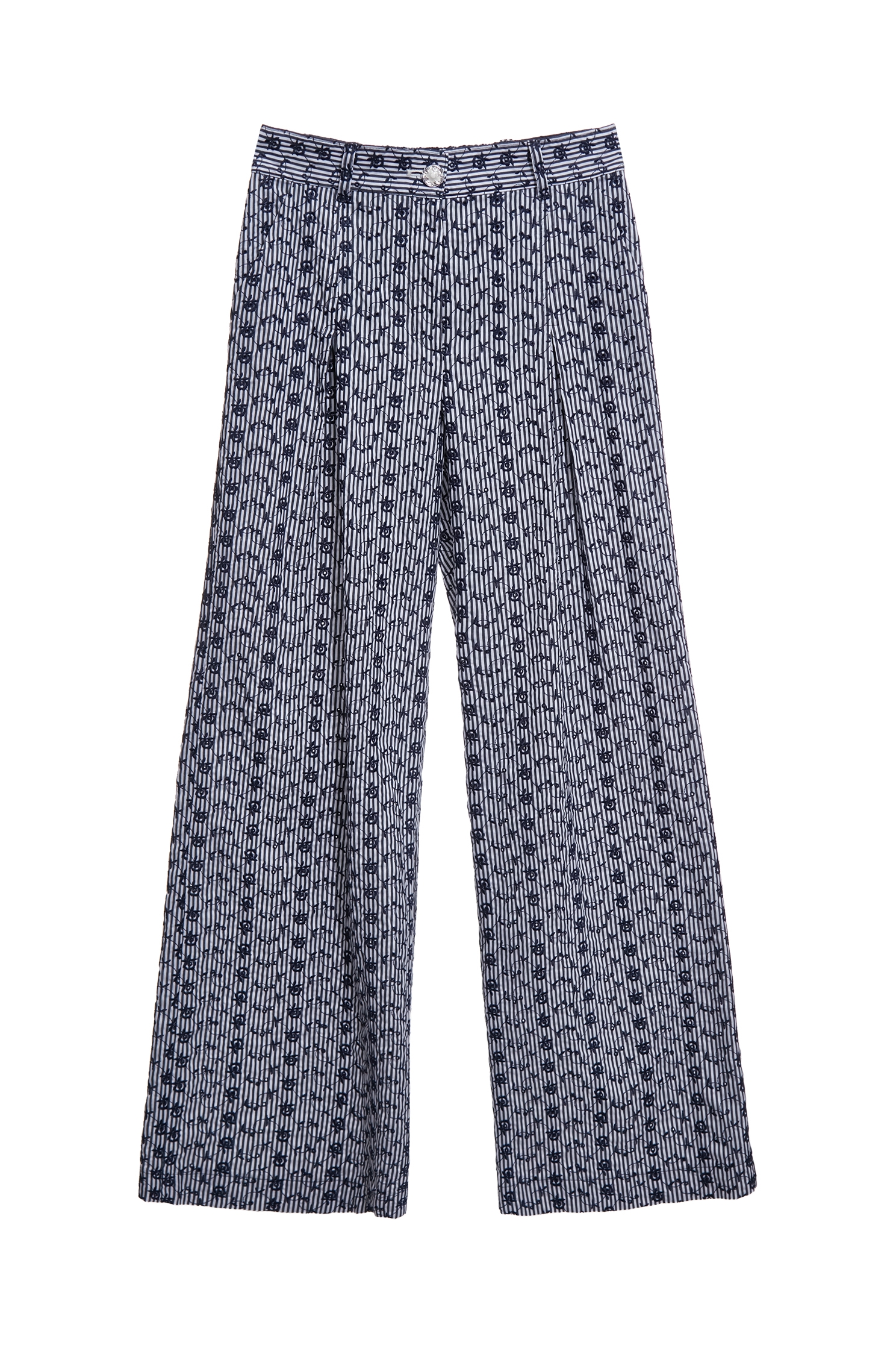 海軍藍花朵刺繡長褲海軍藍花朵刺繡長褲,上班OL穿搭,刺繡,寬褲,時髦成套搭配,條紋,秋冬穿搭,花花世界,褲子,長褲