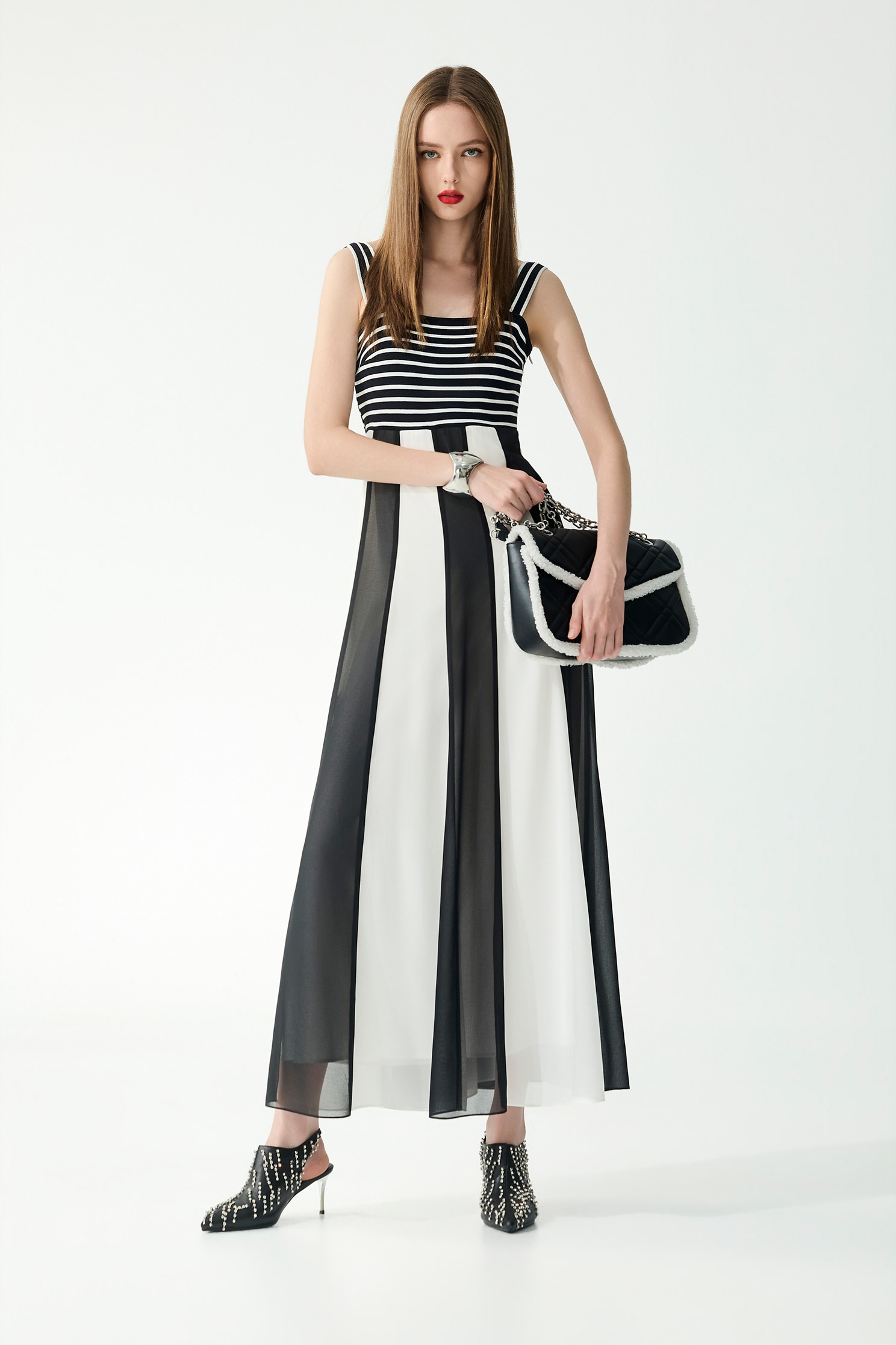 黑白直條雪紡女神長洋裝黑白直條雪紡女神長洋裝,一般洋裝,春夏穿搭,條紋,針織,雪紡,黑色洋裝