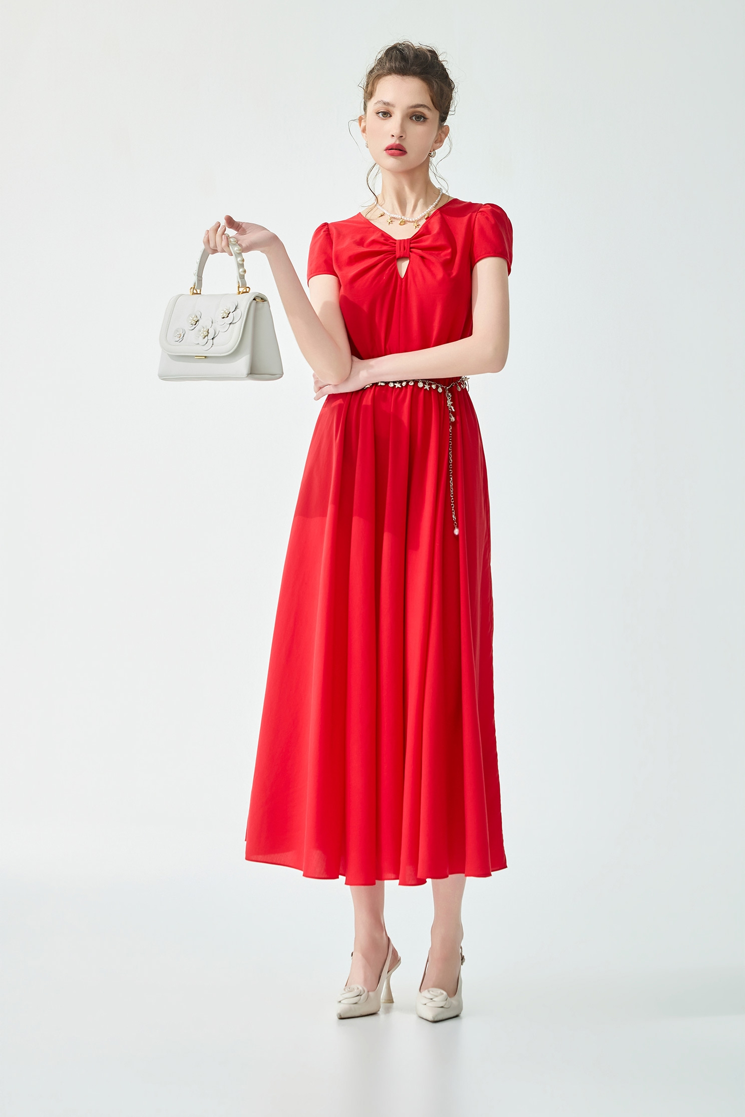 紅梅色綁結造型洋裝紅梅色綁結造型洋裝,一般洋裝,春夏穿搭