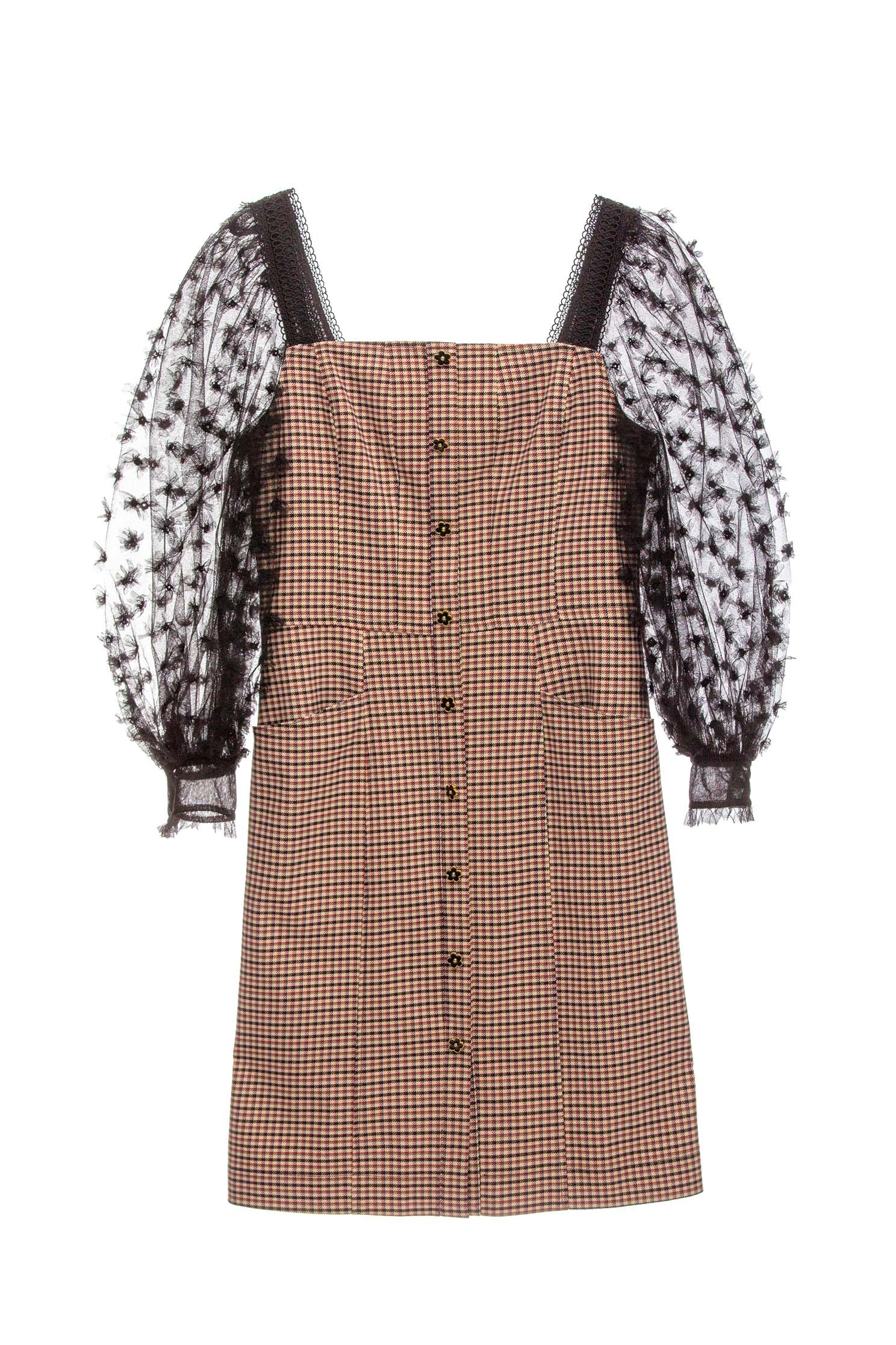 立體花網紗袖洋裝立體花網紗袖洋裝,一般洋裝,格紋,秋冬穿搭,約會特輯,網紗