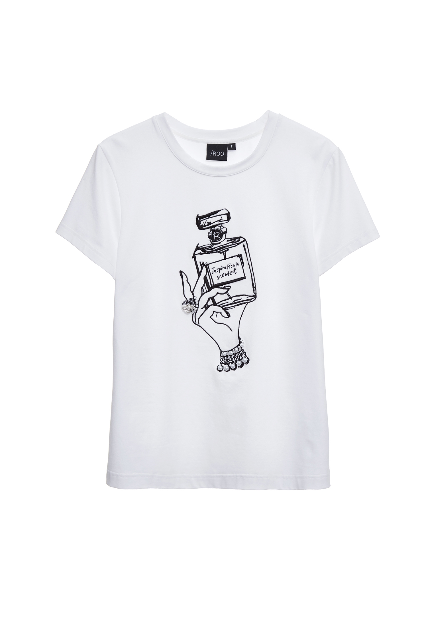 香水瓶繡花珍珠手工縫飾T恤香水瓶繡花珍珠手工縫飾T恤,上衣,春夏穿搭,珍珠,白色上衣,純棉,繡花,黑色上衣