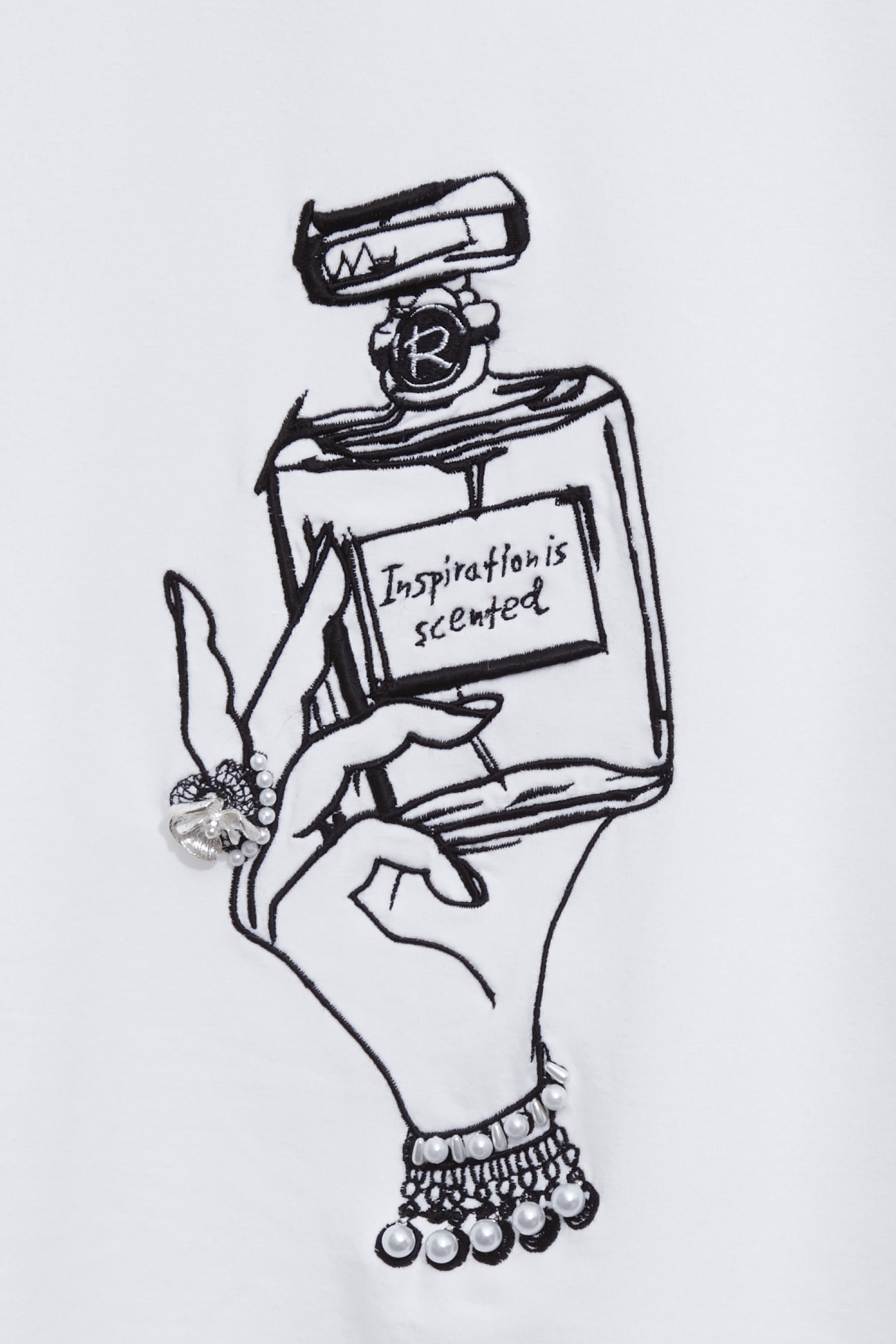 香水瓶繡花珍珠手工縫飾T恤香水瓶繡花珍珠手工縫飾T恤,上衣,春夏穿搭,珍珠,白色上衣,純棉,繡花,黑色上衣