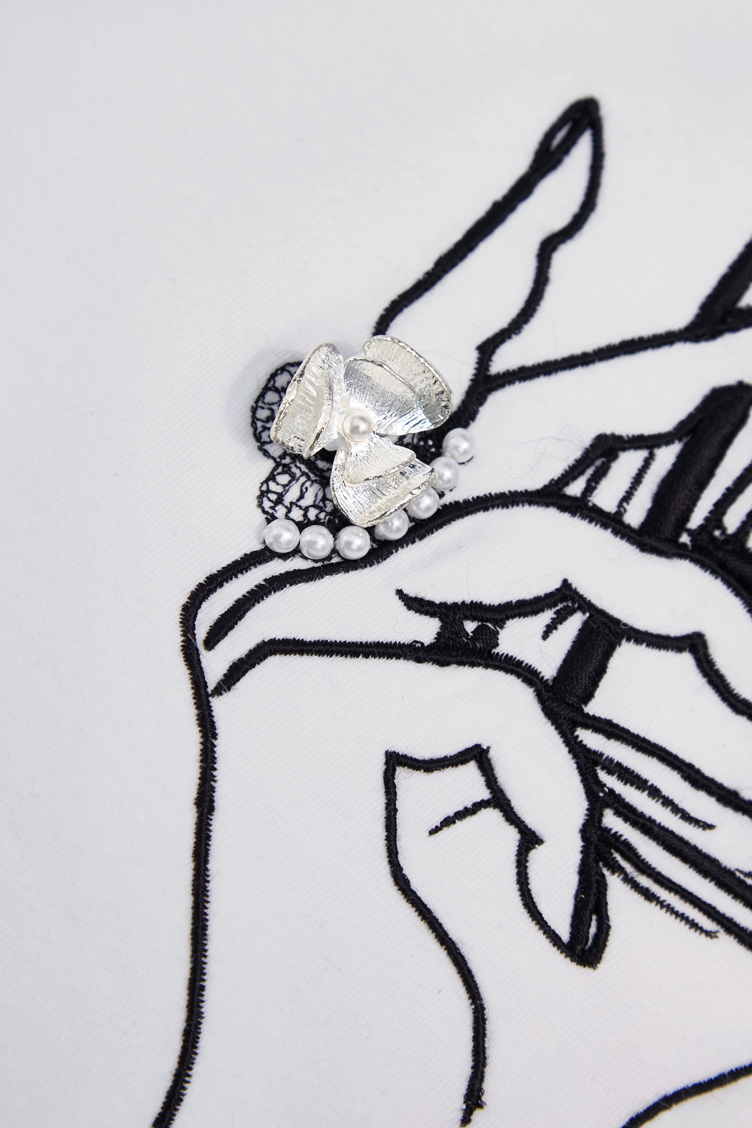 香水瓶繡花珍珠手工縫飾T恤香水瓶繡花珍珠手工縫飾T恤,上衣,春夏穿搭,珍珠,白色上衣,純棉,繡花,黑色上衣