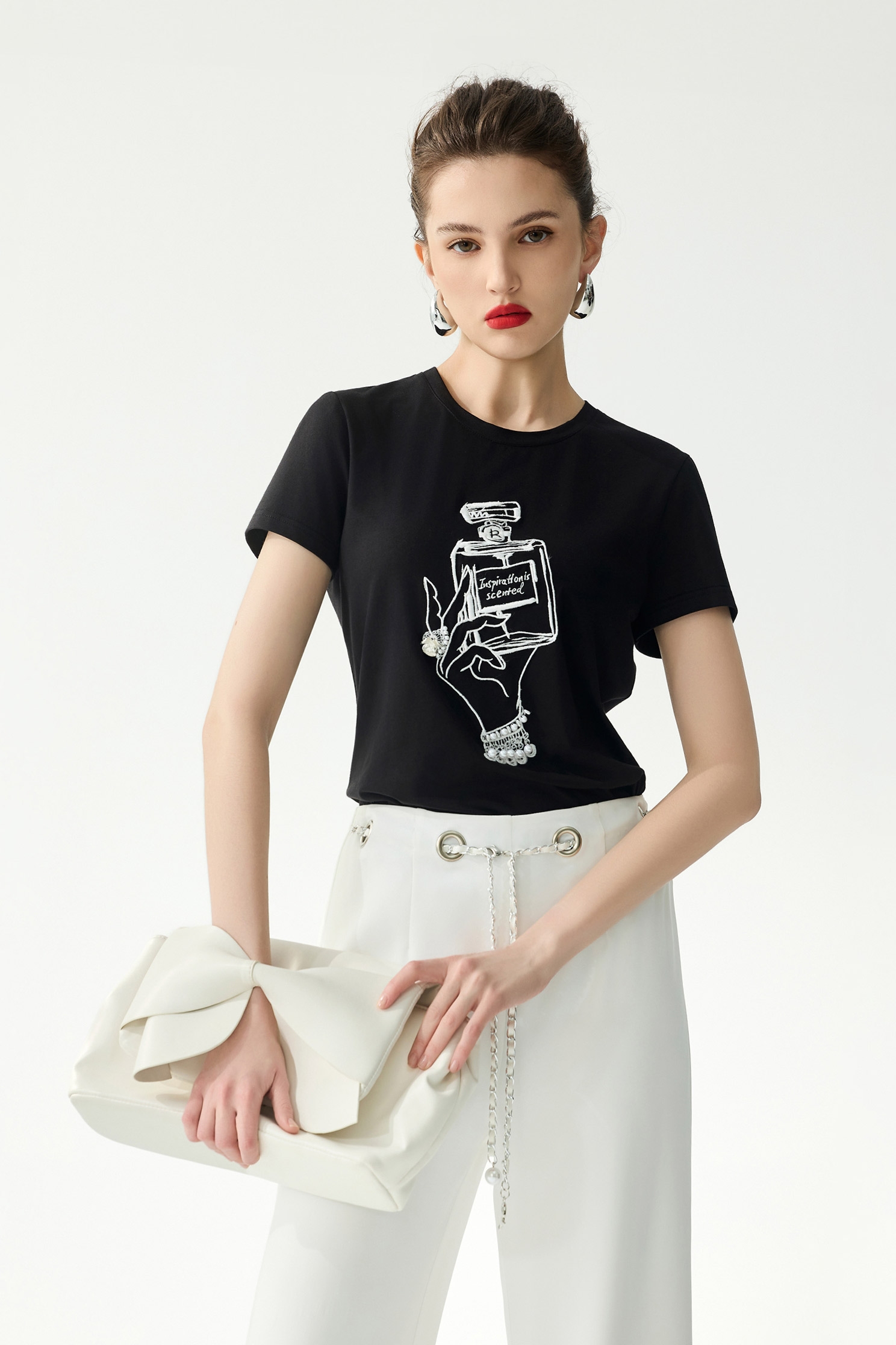 香水瓶繡花珍珠手工縫飾T恤香水瓶繡花珍珠手工縫飾T恤,上衣,春夏穿搭,珍珠,白色上衣,純棉,繡花,黑色上衣