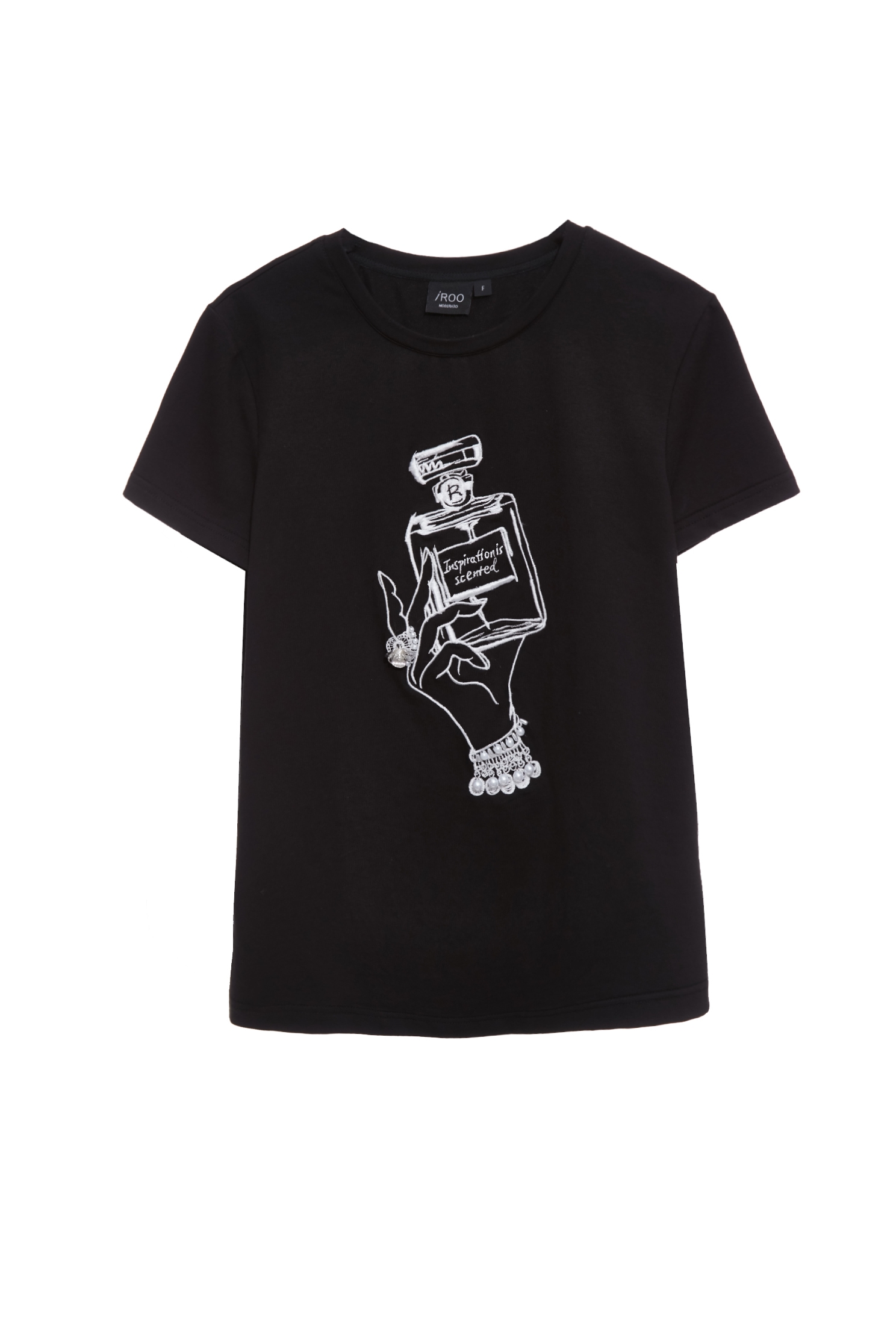 香水瓶繡花珍珠手工縫飾T恤香水瓶繡花珍珠手工縫飾T恤,上衣,春夏穿搭,珍珠,白色上衣,純棉,繡花,黑色上衣