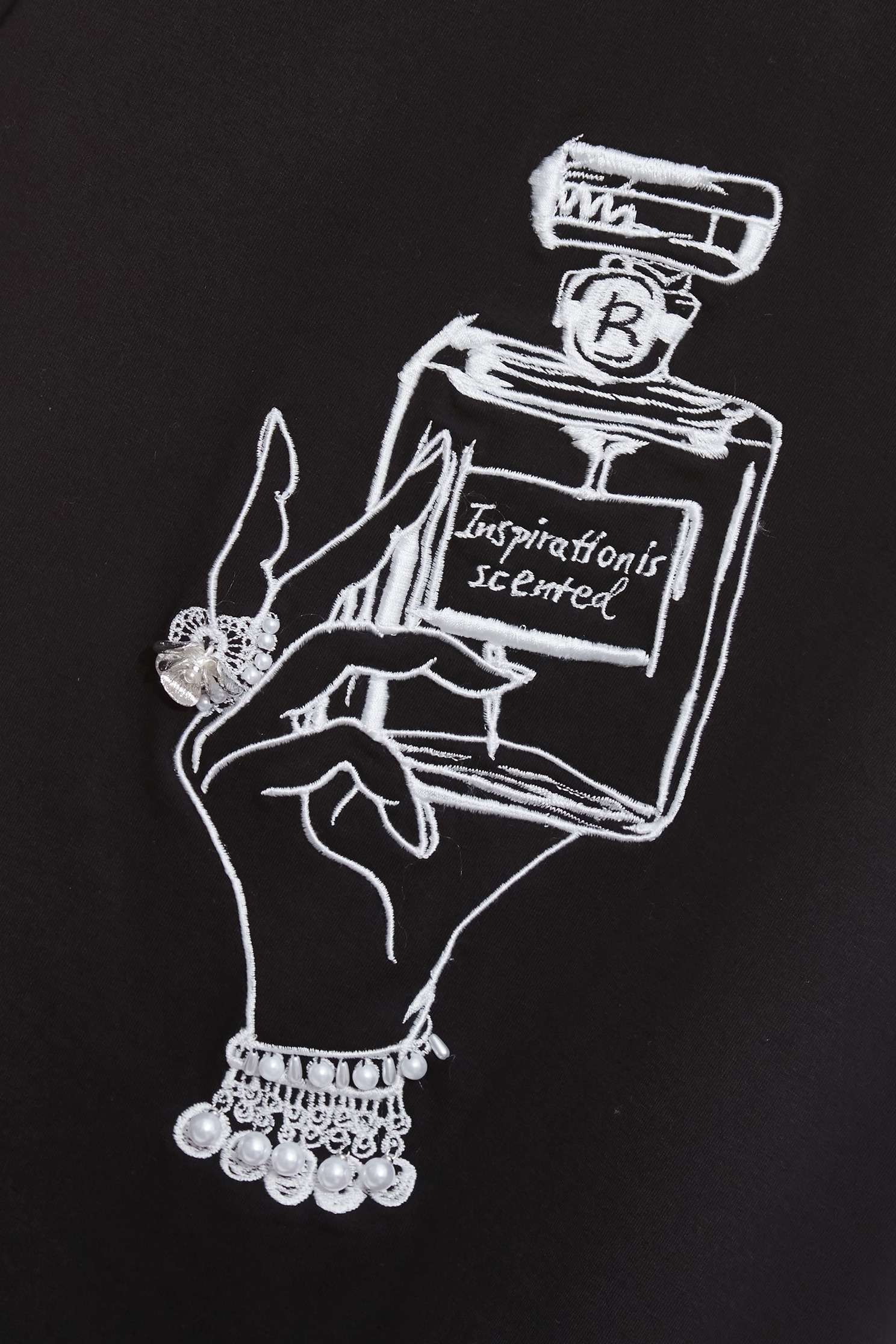 香水瓶繡花珍珠手工縫飾T恤香水瓶繡花珍珠手工縫飾T恤,上衣,春夏穿搭,珍珠,白色上衣,純棉,繡花,黑色上衣