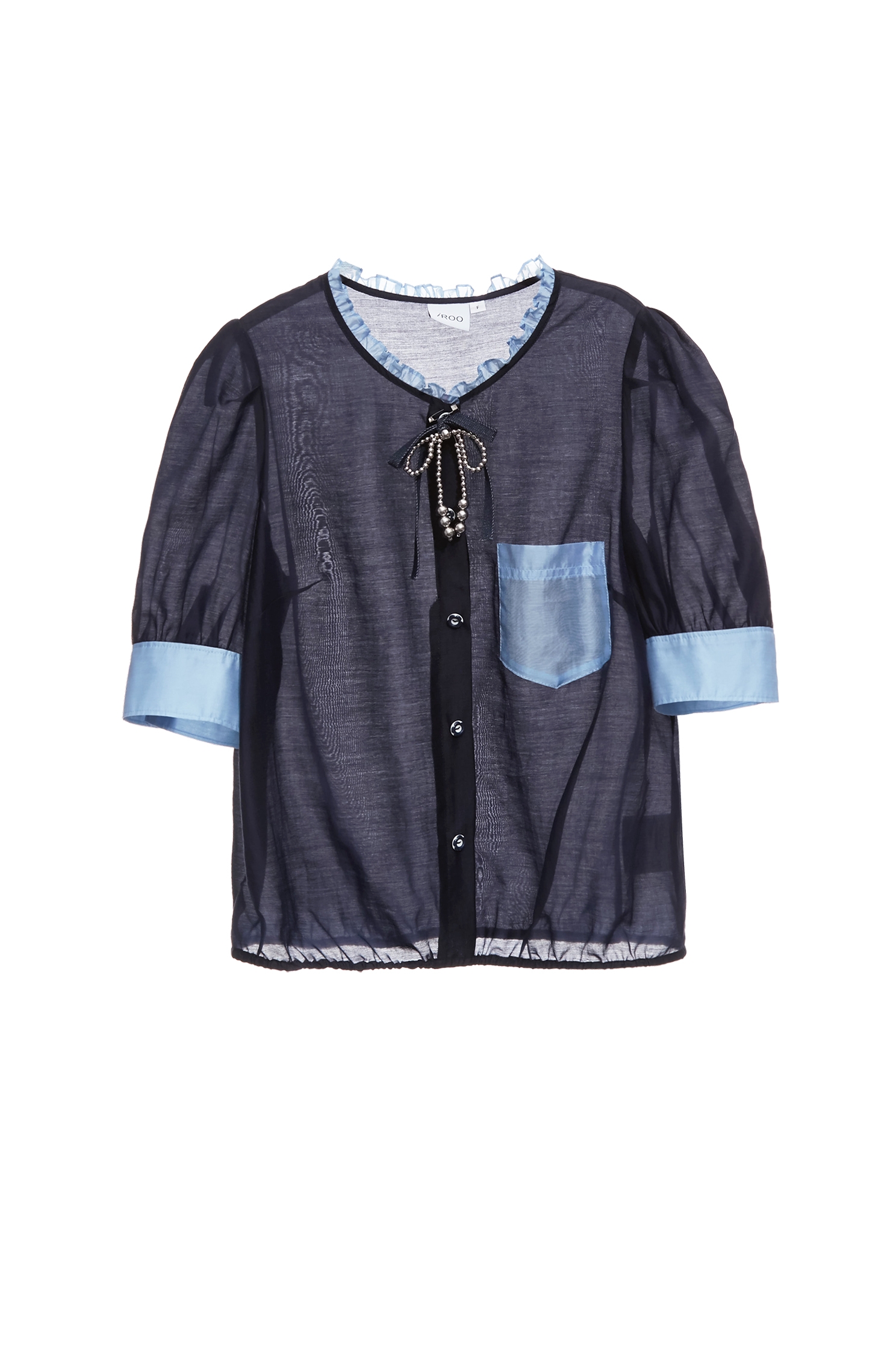 水手藍撞色絲棉上衣水手藍撞色絲棉上衣,上班OL穿搭,上衣,秋冬穿搭,約會特輯,蝴蝶結