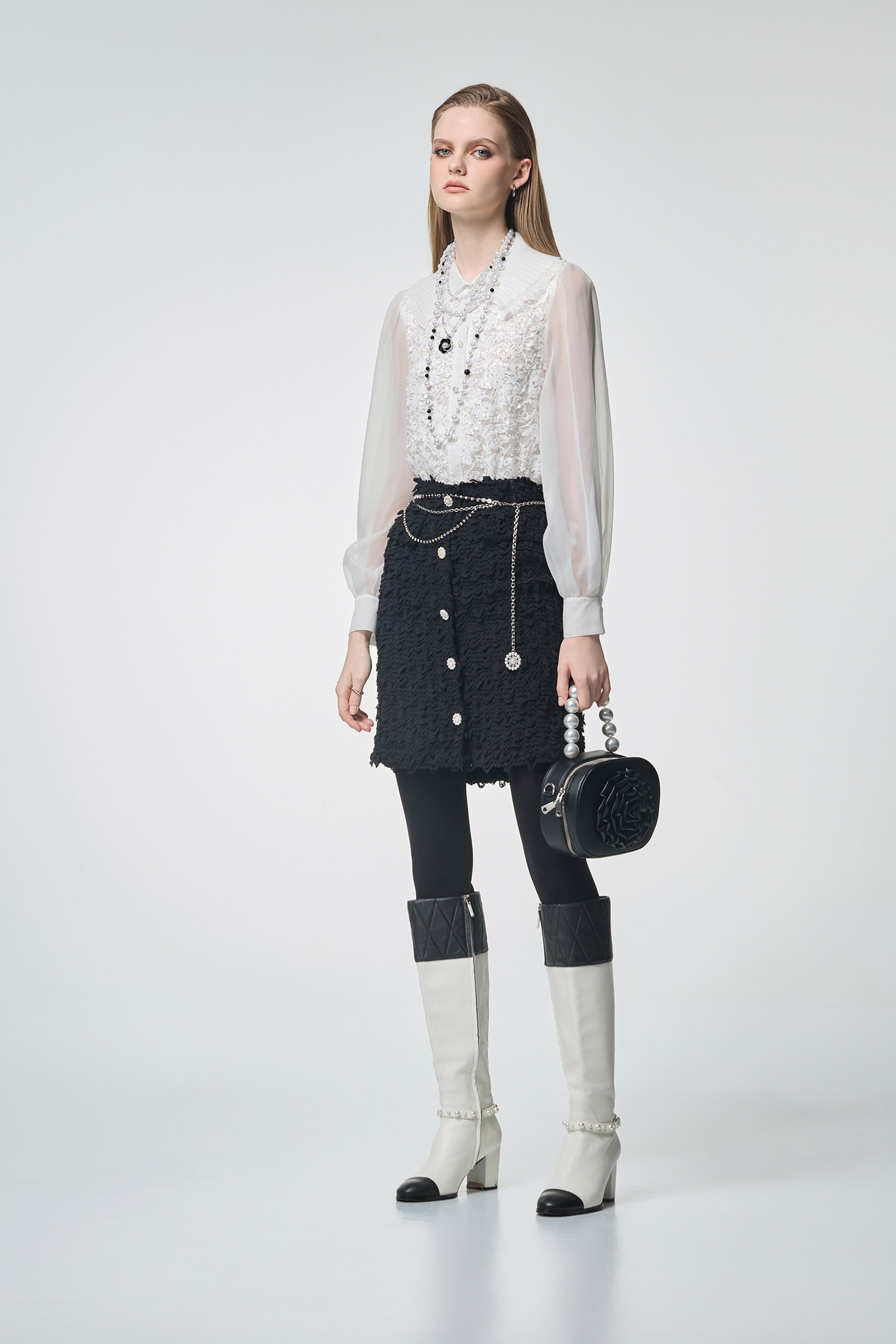 珍珠亮片蕾絲異材拼接上衣珍珠亮片蕾絲異材拼接上衣,上班OL穿搭,上衣,珍珠,秋冬穿搭,花花世界,蕾絲,蕾絲上衣