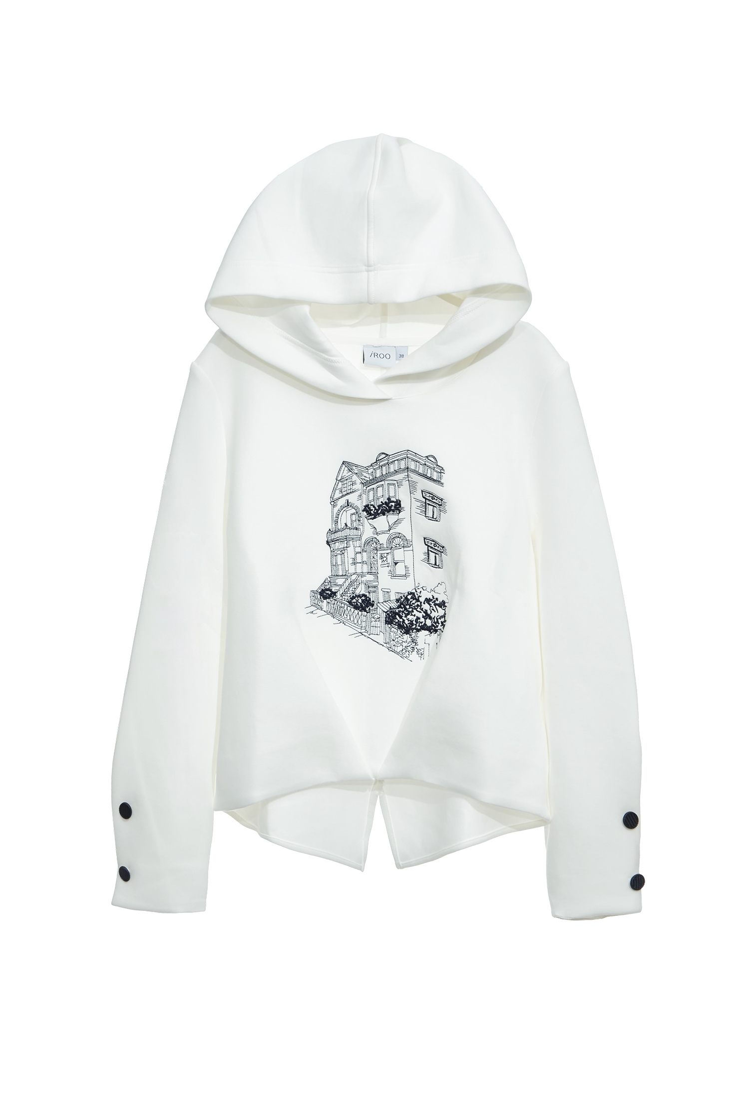 香榭街圖刺繡連帽上衣香榭街圖刺繡連帽上衣,上衣,人氣商品,刺繡,帽T,春夏穿搭,白色上衣