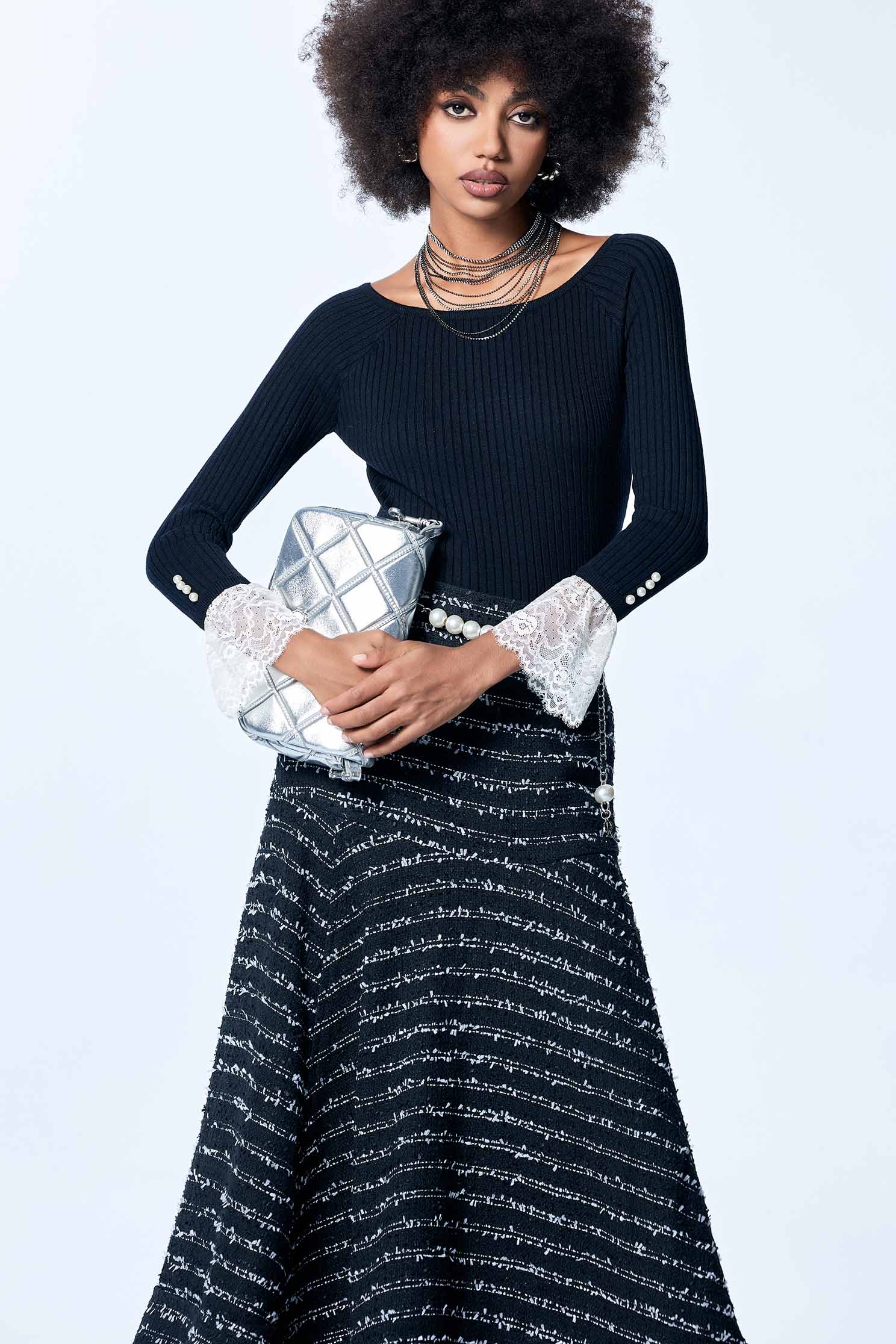 修身坑條長袖拼接蕾絲針織單品修身坑條長袖拼接蕾絲針織單品,上班OL穿搭,人氣商品,春夏穿搭,珍珠,蕾絲,蕾絲上衣,針織,針織衫