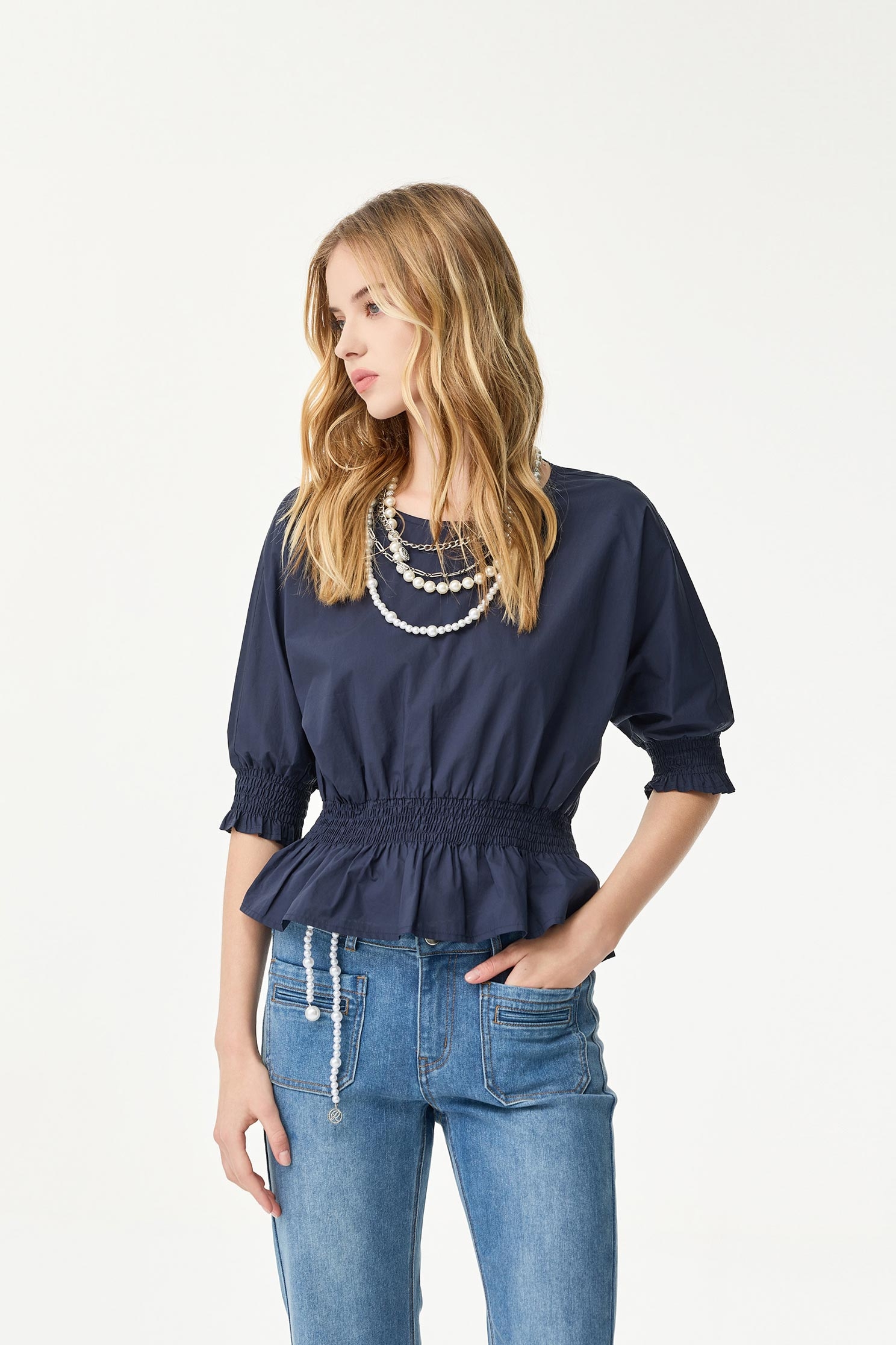 午夜藍縮腰短袖單品上衣午夜藍縮腰短袖單品上衣,上衣,春夏穿搭,約會特輯,純棉,襯衫