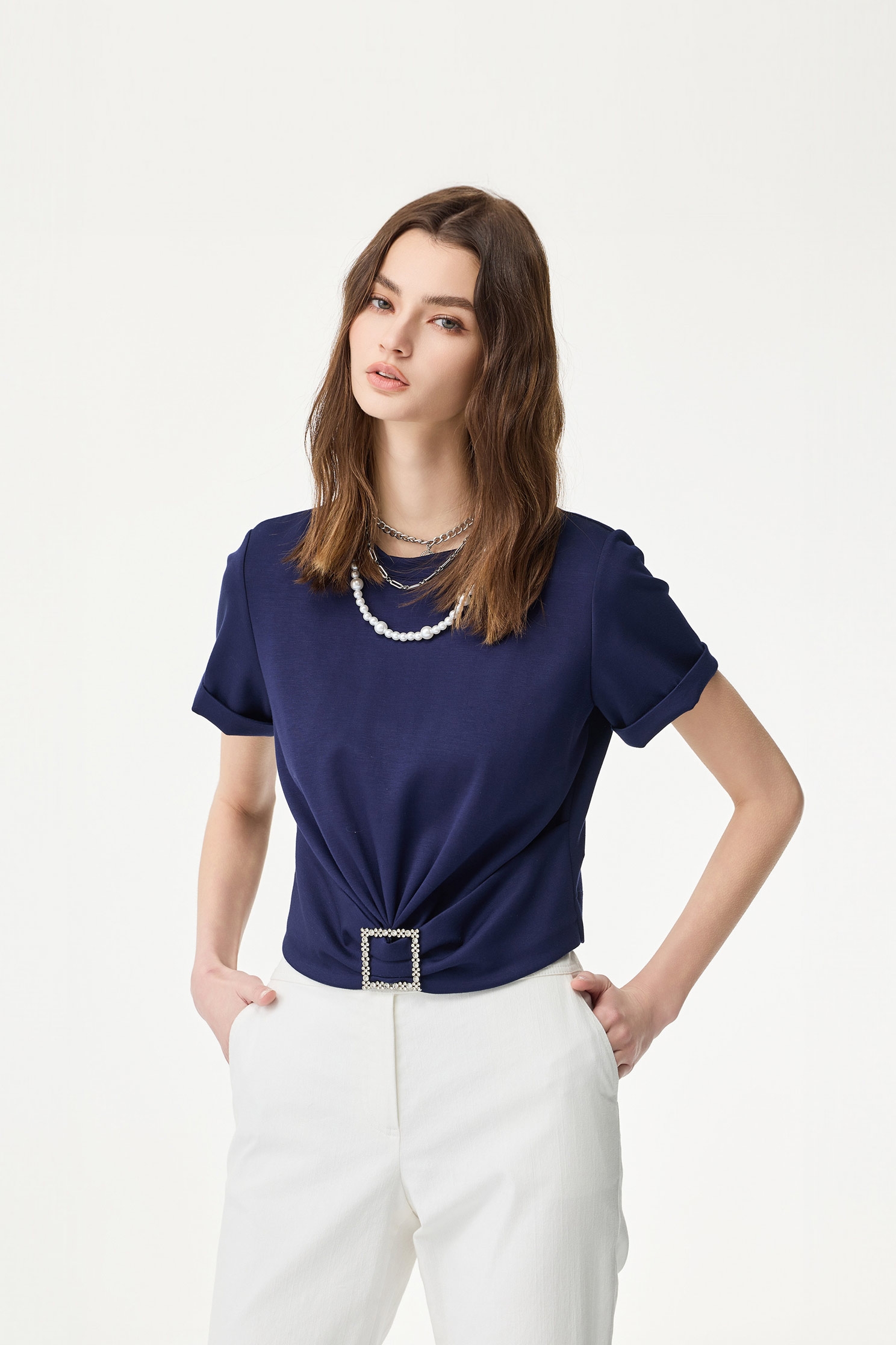 海軍牡丹藍鑽釦短版T海軍牡丹藍鑽釦短版T,上衣,春夏穿搭