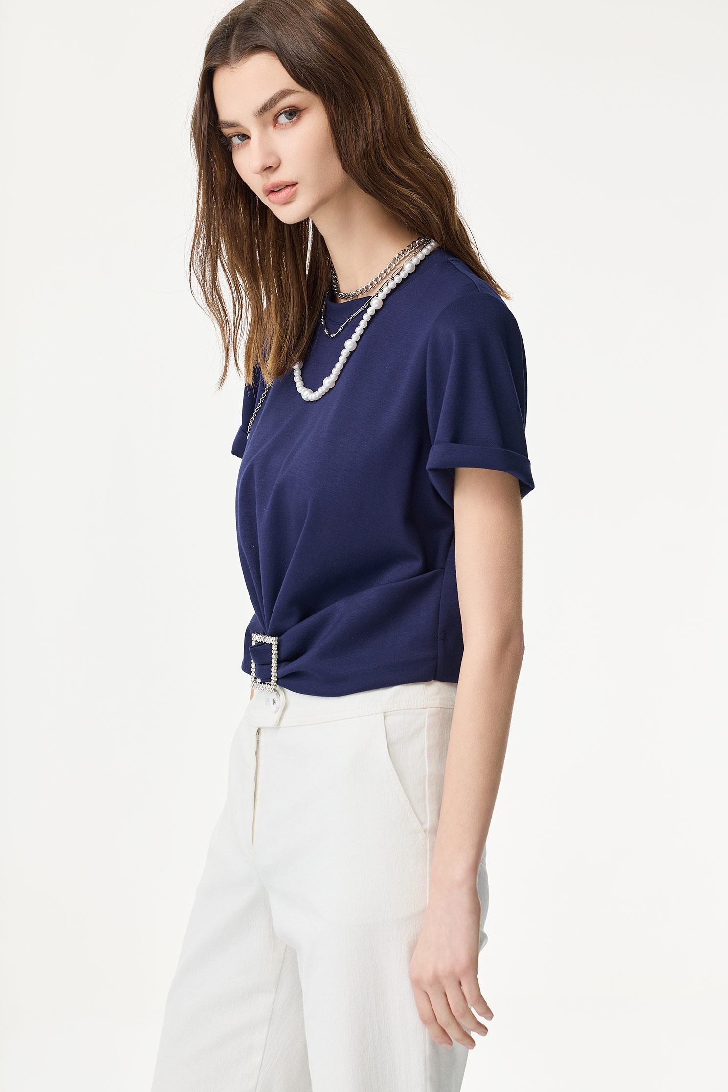 海軍牡丹藍鑽釦短版T海軍牡丹藍鑽釦短版T,上衣,春夏穿搭