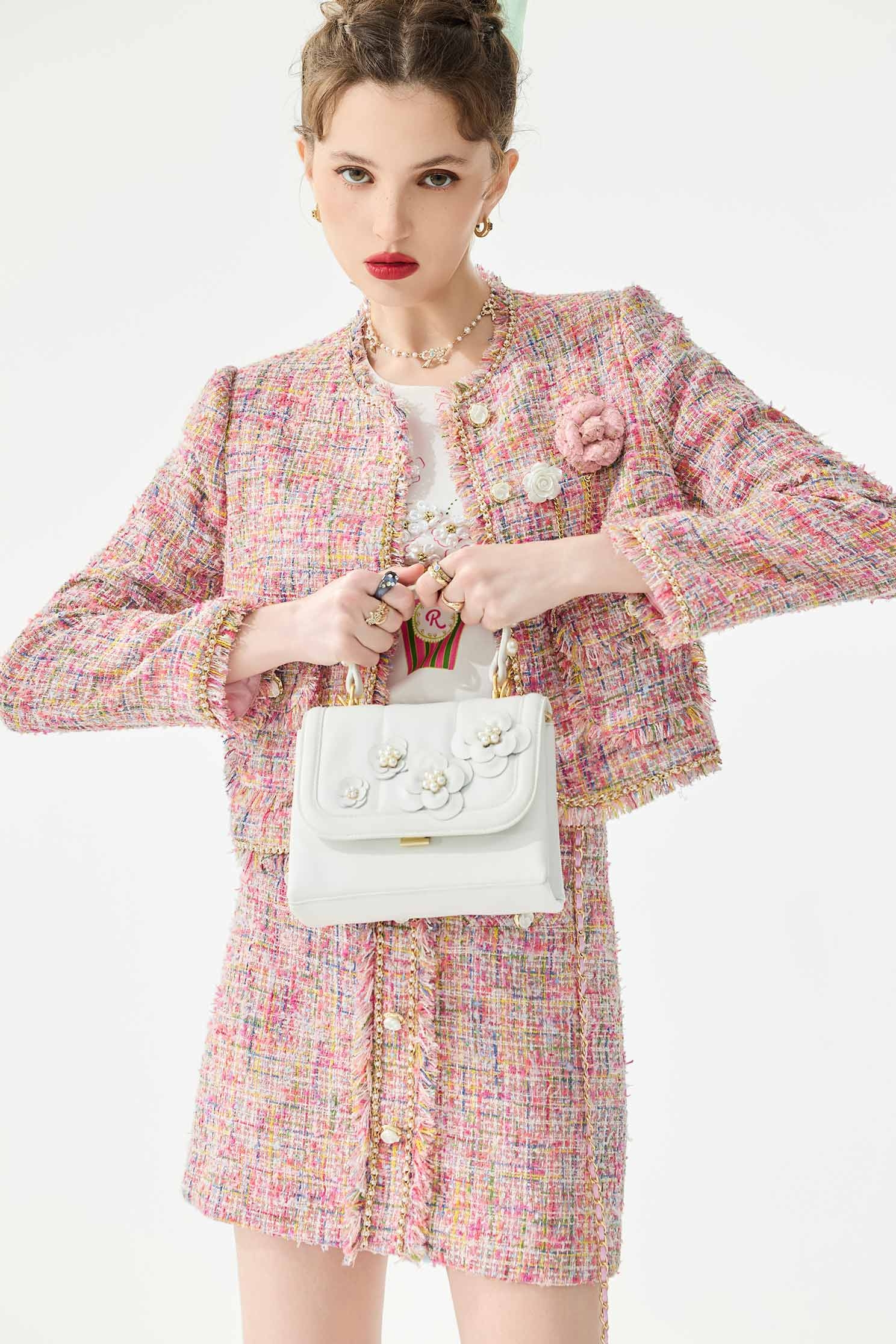 電光紫粉小香風花呢紗外套電光紫粉小香風花呢紗外套,一般外套,外套,小香風,小香風外套,春夏穿搭,時髦成套搭配,花花世界