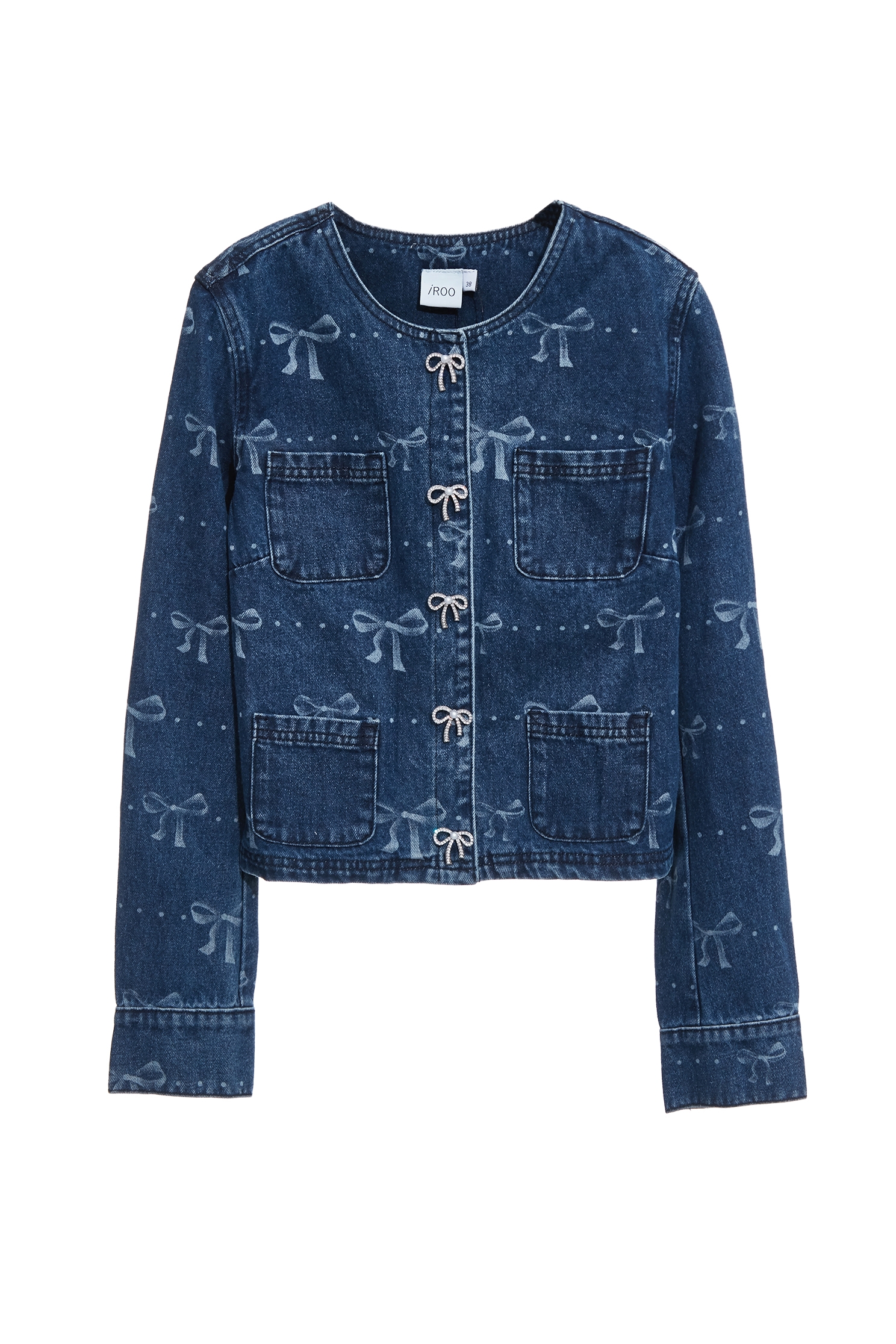 綴蝴蝶結圖騰牛仔外套綴蝴蝶結圖騰牛仔外套,丹寧,人氣商品,外套,時髦成套搭配,牛仔,牛仔外套,秋冬穿搭,約會特輯,蝴蝶結,飾品