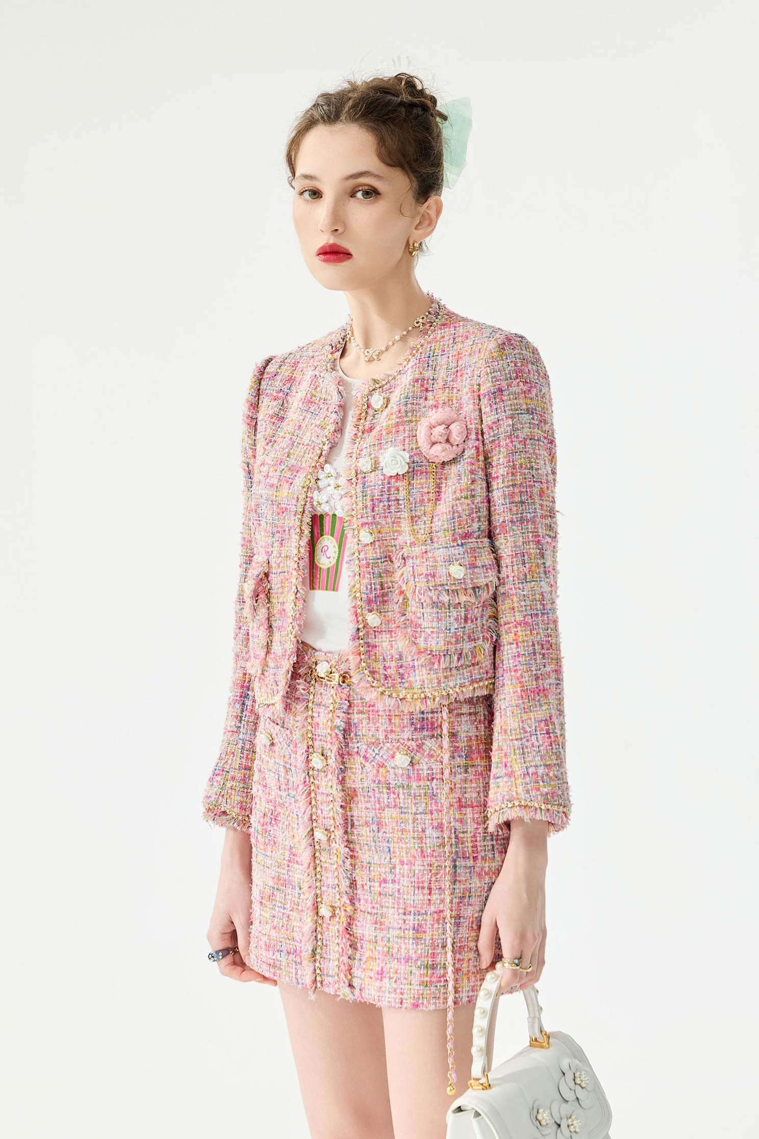 電光紫粉小香風花呢紗短裙電光紫粉小香風花呢紗短裙,小香風,春夏穿搭,時髦成套搭配,短裙