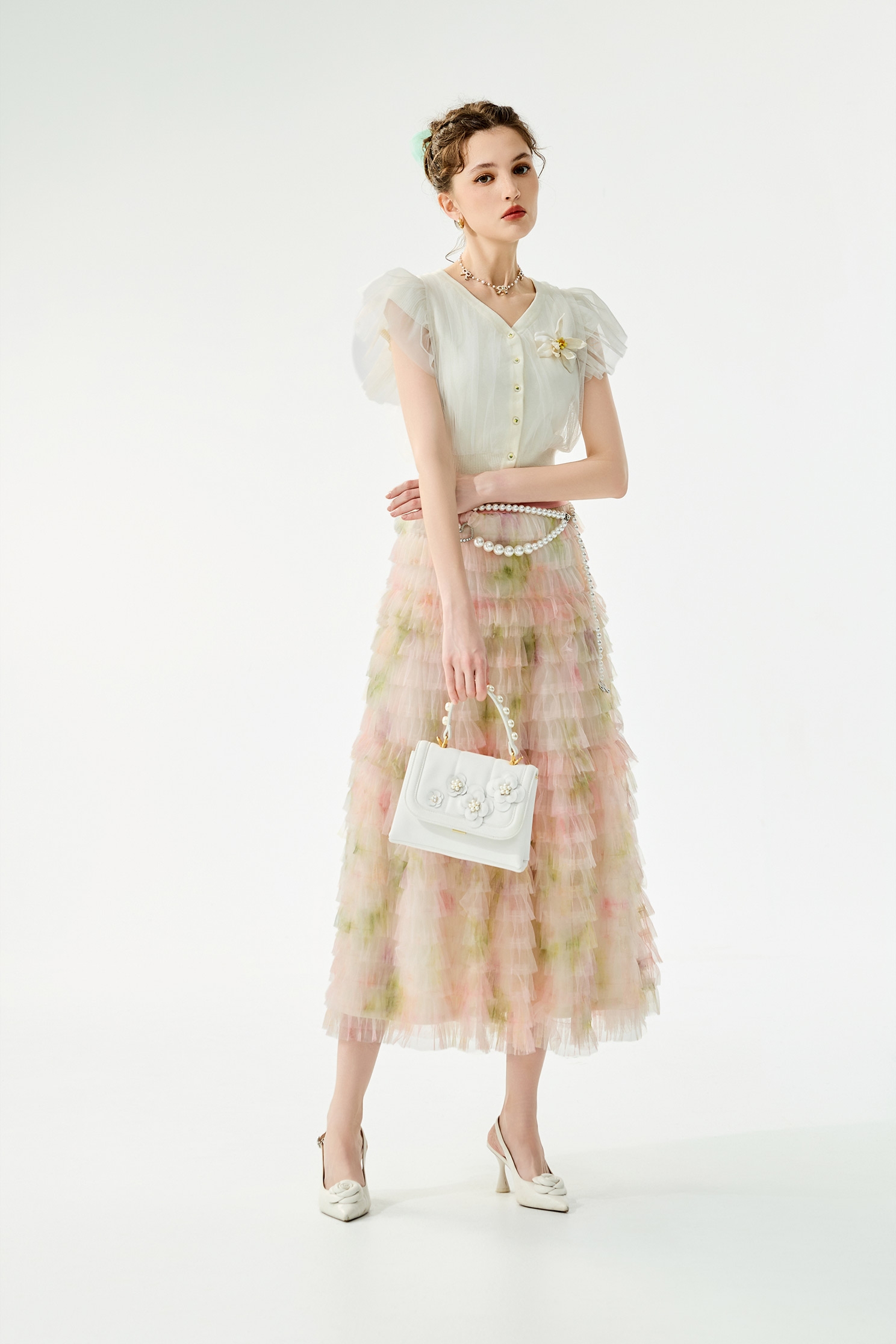 粉霧色漸層粉彩長裙粉霧色漸層粉彩長裙,春夏穿搭,時髦成套搭配,約會特輯,網紗,荷葉,輕奢度假,輕奢渡假,長裙