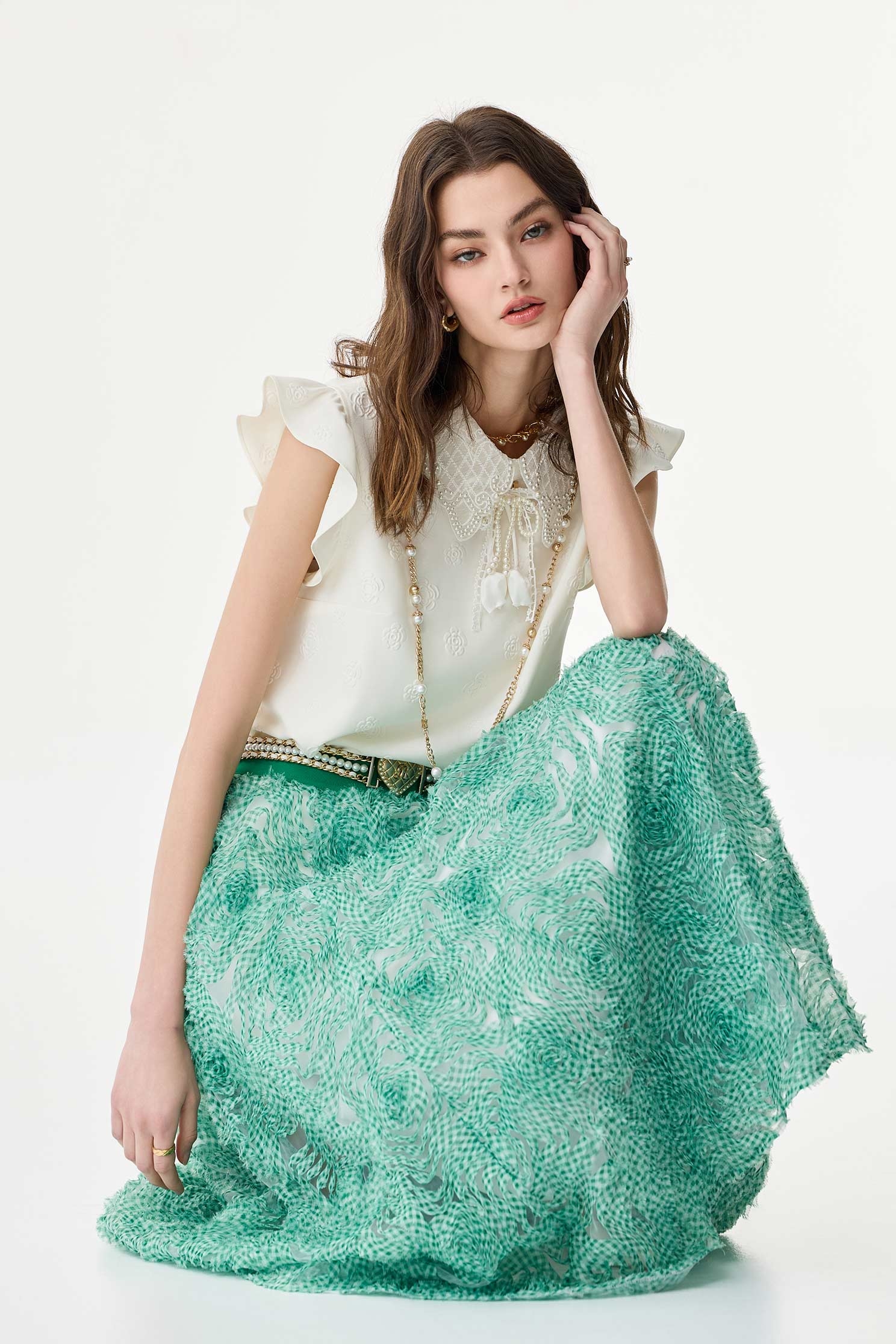 新葉綠格紋長裙新葉綠格紋長裙,人氣商品,春夏穿搭,時髦成套搭配,格紋,網紗,網裙,花花世界,長裙,雪紡