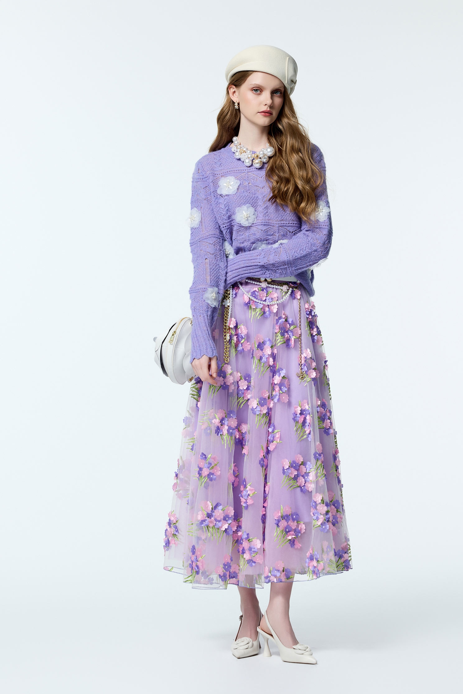 粉紫色立體花瓣刺繡長裙粉紫色立體花瓣刺繡長裙,人氣商品,刺繡,秋冬穿搭,約會特輯,紗裙,網紗,網裙,花花世界,長裙