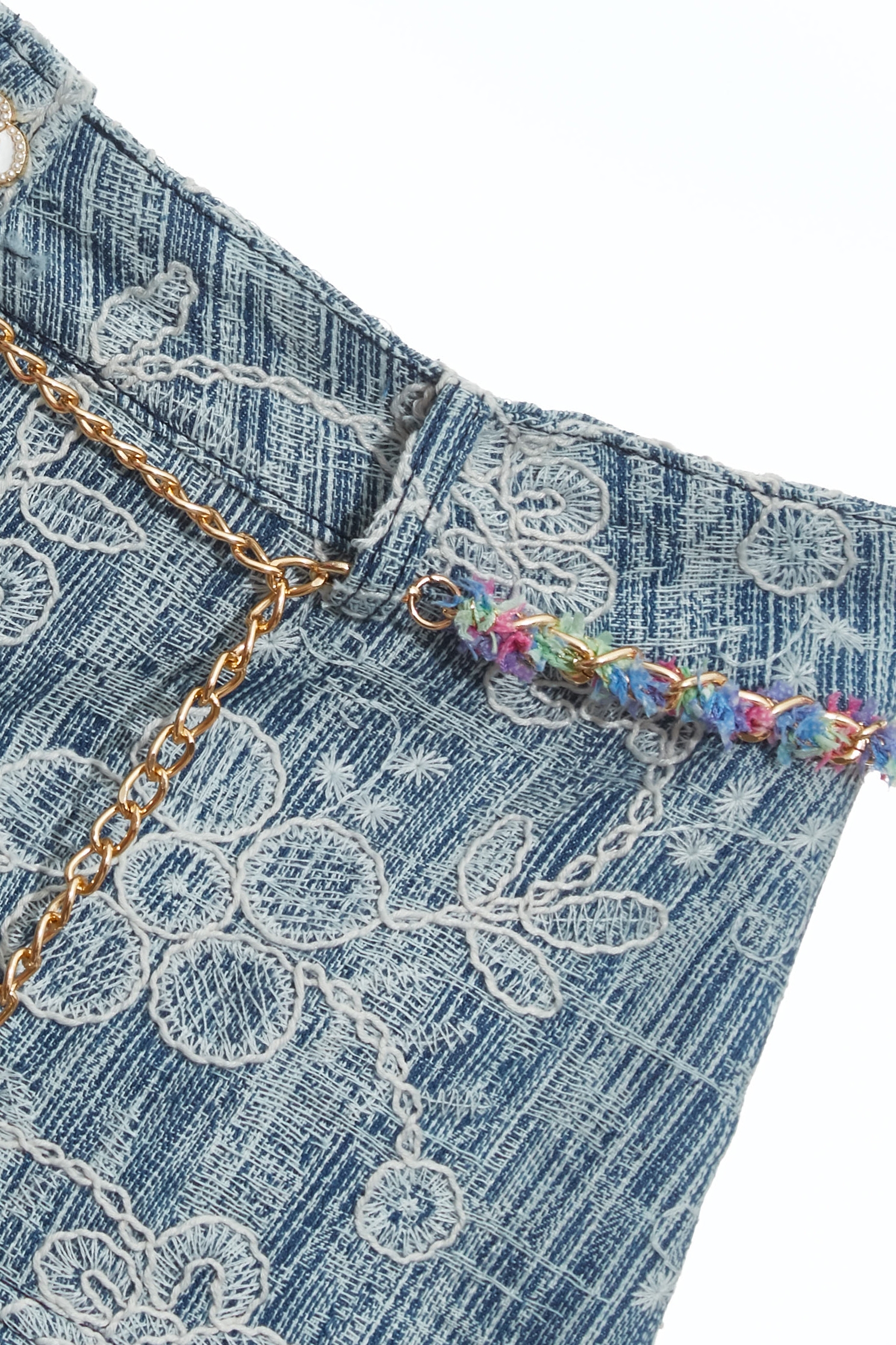 蕾絲刺繡牛仔摺裙蕾絲刺繡牛仔摺裙,刺繡,春夏穿搭,時髦成套搭配,牛仔,牛仔短裙,牛仔裙,百摺裙,百褶短裙,花花世界,蕾絲,蕾絲裙