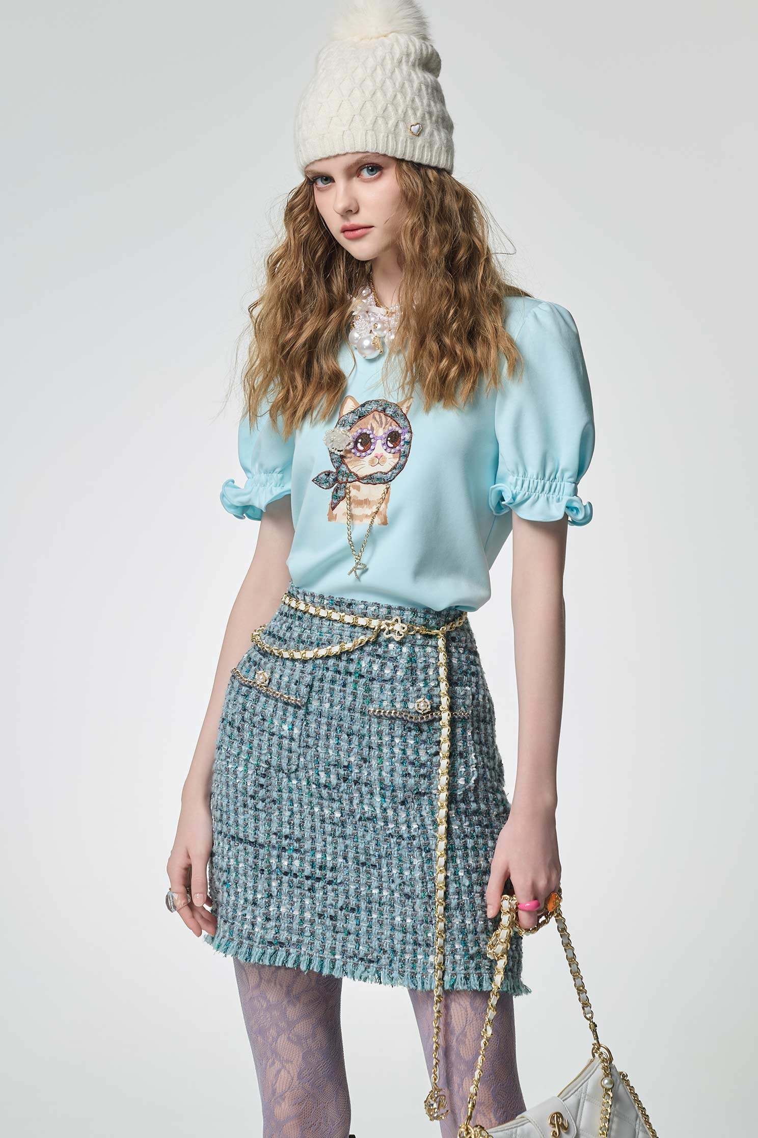 海藍寶石花呢紗短裙海藍寶石花呢紗短裙,時髦成套搭配,派對特輯,短裙,秋冬穿搭