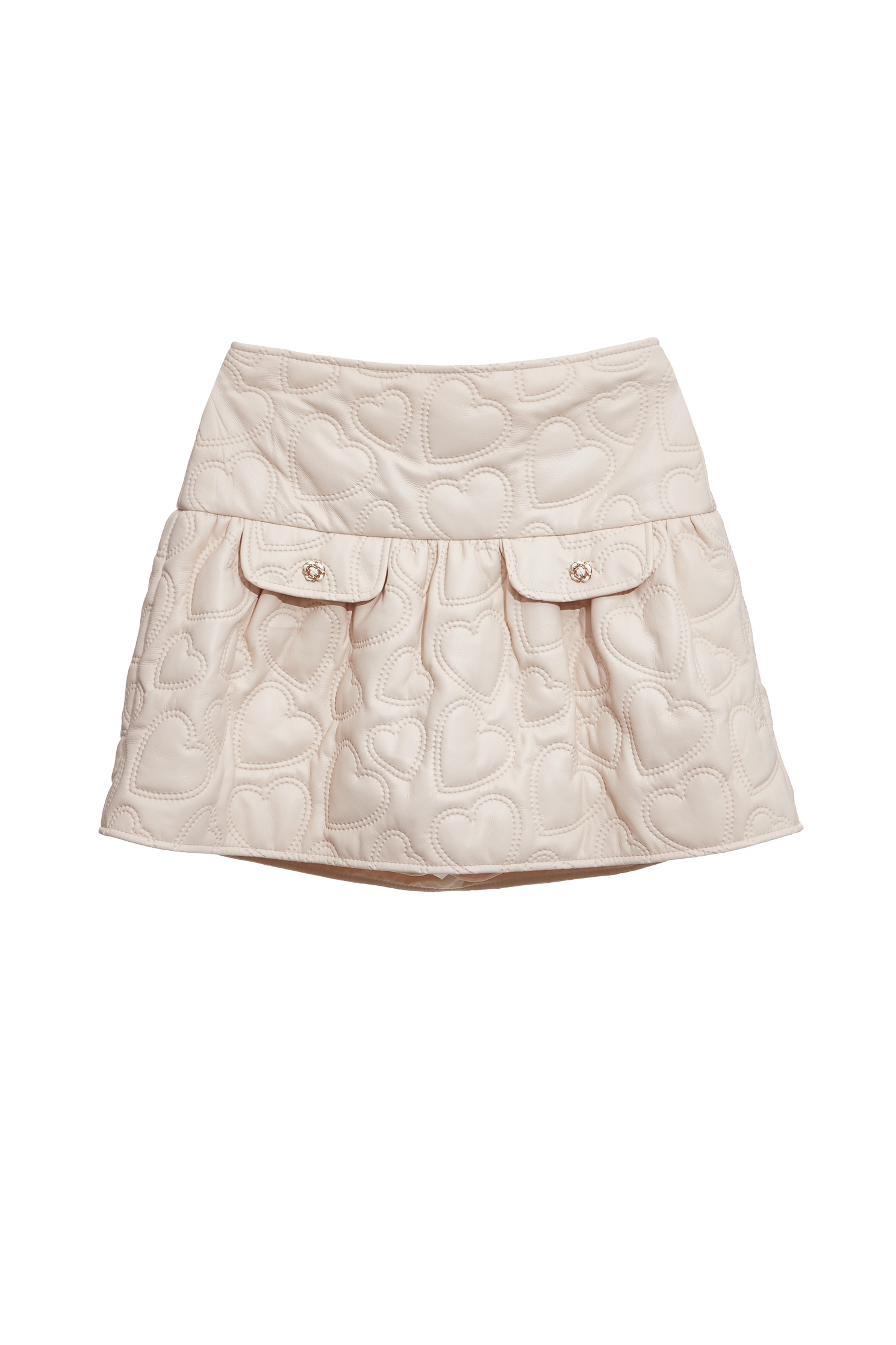 愛心圖騰絎縫仿皮短裙愛心圖騰絎縫仿皮短裙,春夏穿搭,時髦成套搭配,短裙,約會特輯