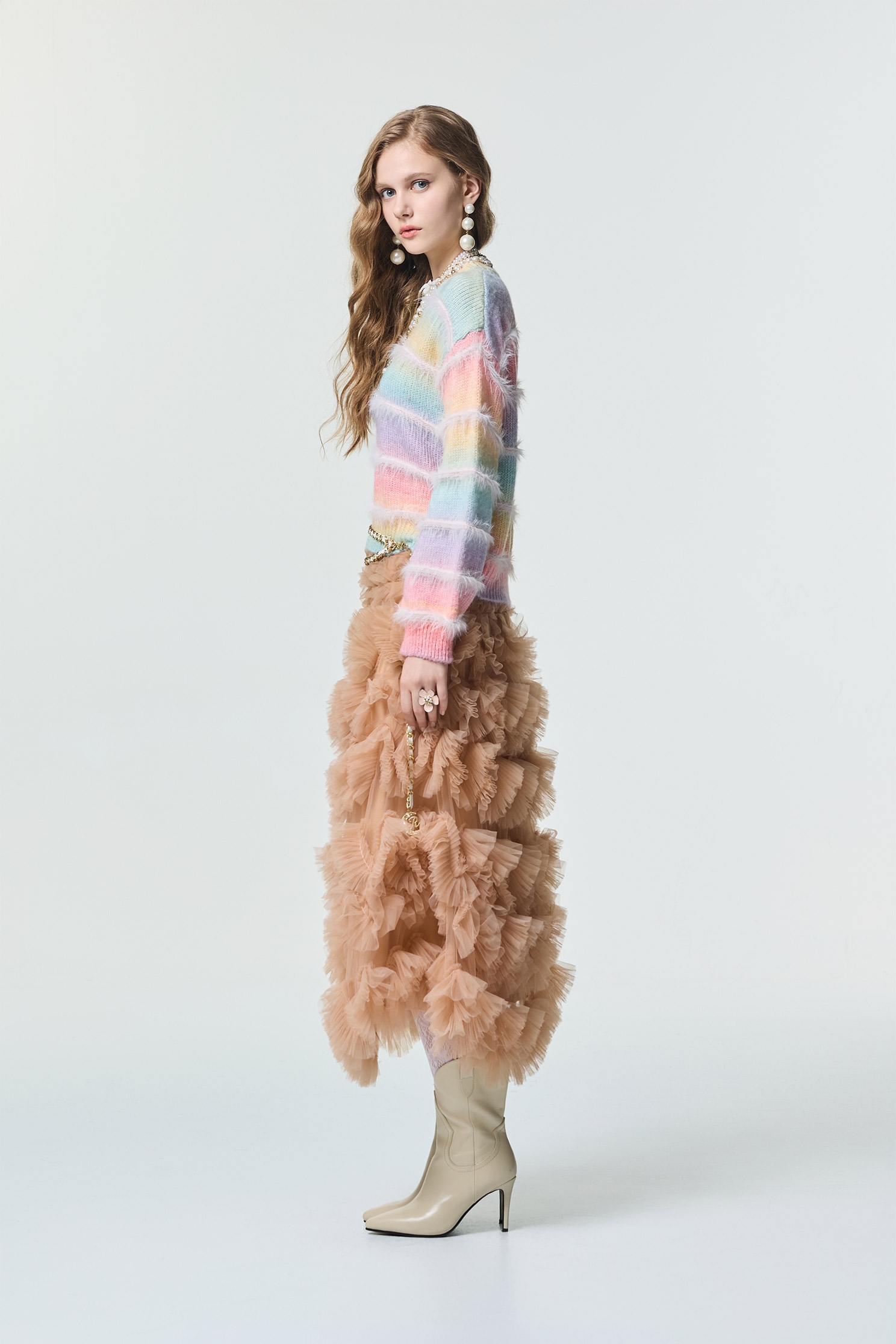 淺焦糖色立體摺飾式長裙淺焦糖色立體摺飾式長裙,春夏穿搭,派對特輯,約會特輯,網裙,荷葉,長裙