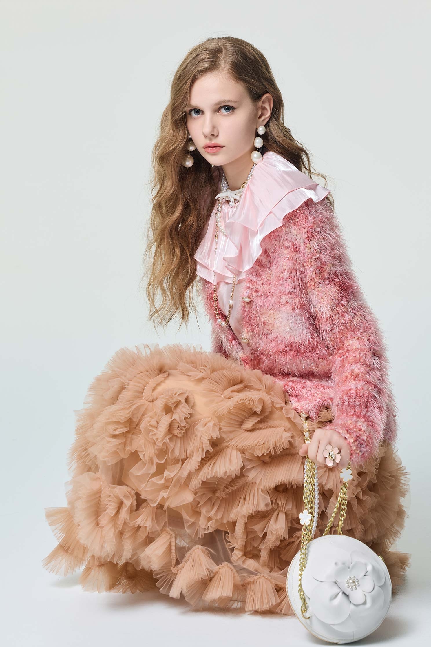 淺焦糖色立體摺飾式長裙淺焦糖色立體摺飾式長裙,春夏穿搭,派對特輯,約會特輯,網裙,荷葉,長裙