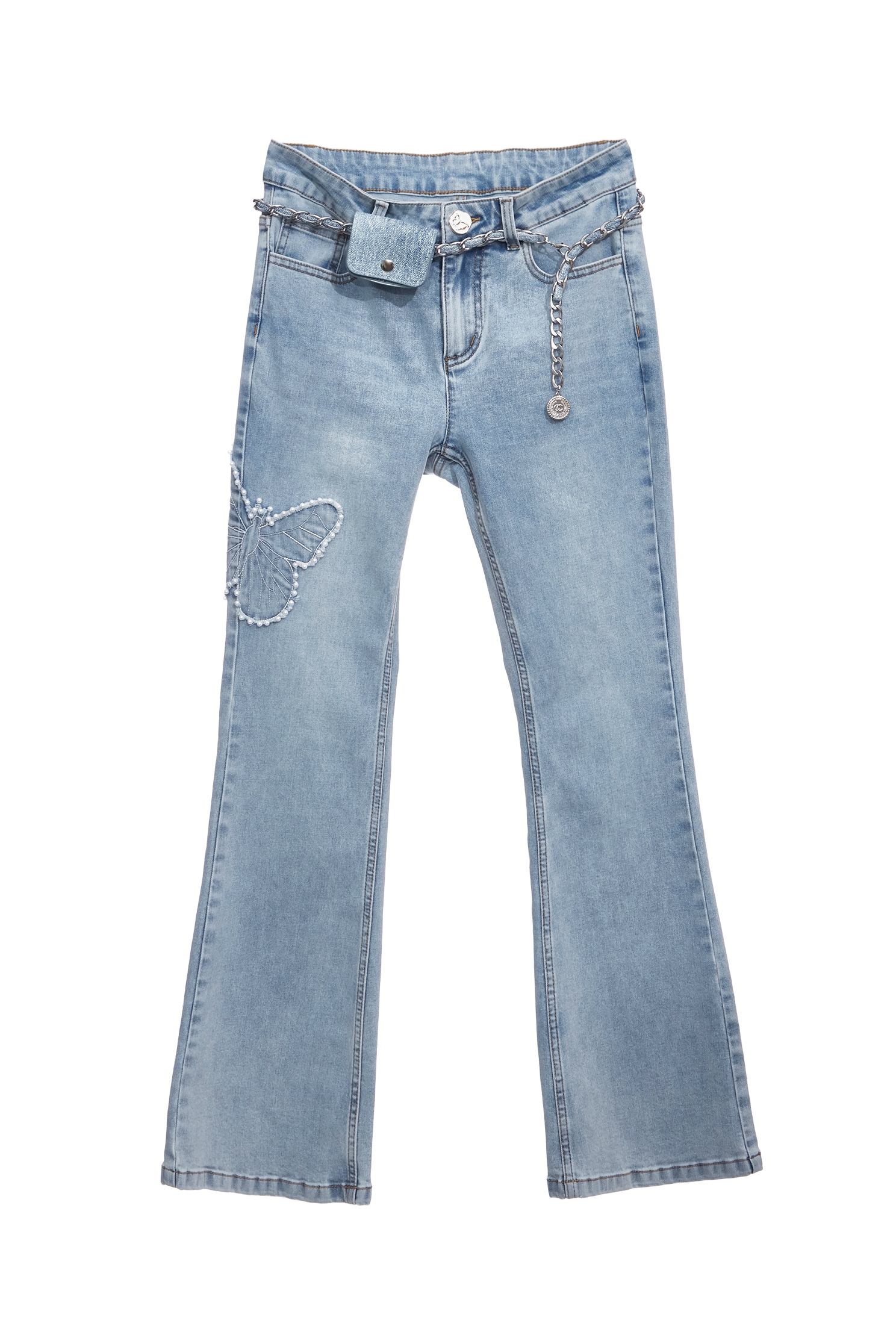 自帶腰包牛仔喇叭褲自帶腰包牛仔喇叭褲,丹寧,刺繡,喇叭褲,春夏穿搭,牛仔,牛仔褲,珍珠,褲子