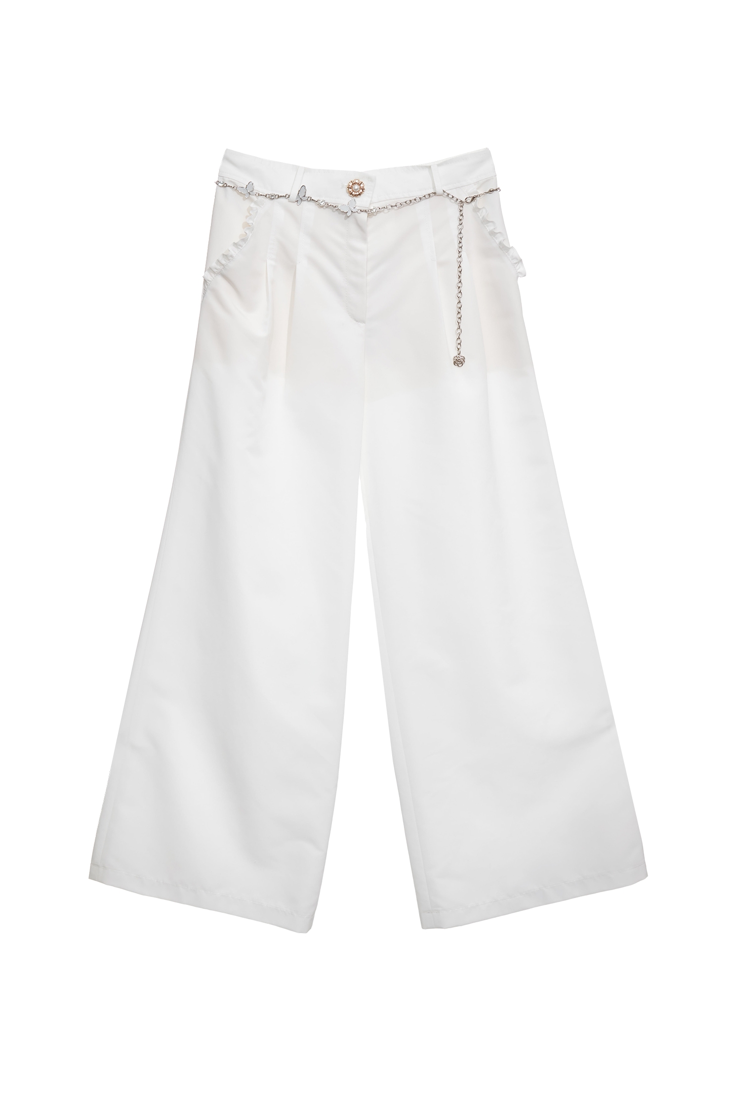 光學白自帶蝴蝶腰鍊寬褲光學白自帶蝴蝶腰鍊寬褲,上班OL穿搭,寬褲,春夏穿搭,白色褲子,荷葉,褲子