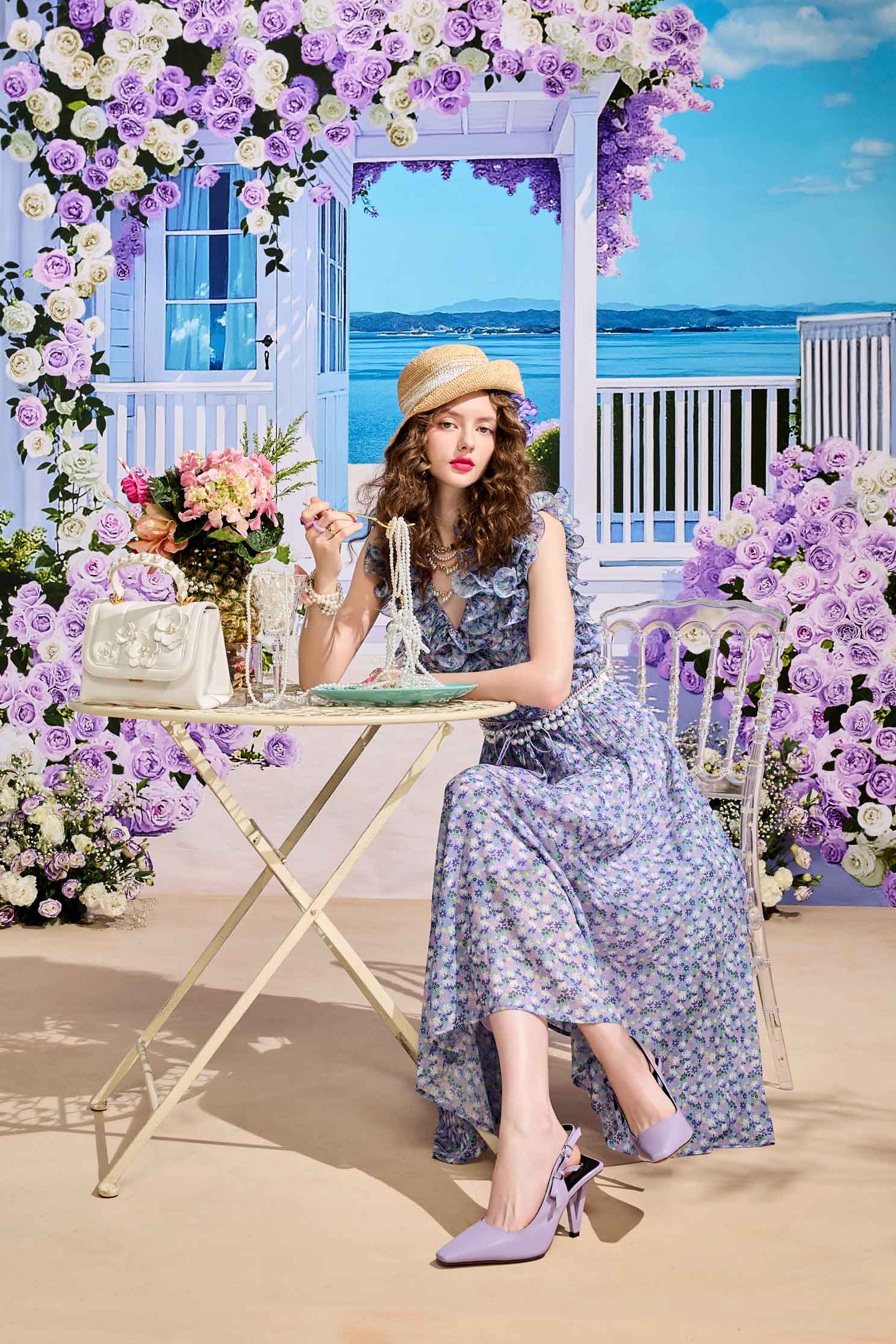 灰調葡萄紫花園印花雪紡洋裝灰調葡萄紫花園印花雪紡洋裝,一般洋裝,小禮服,小香風,春夏穿搭,荷葉,雪紡,雪紡洋裝