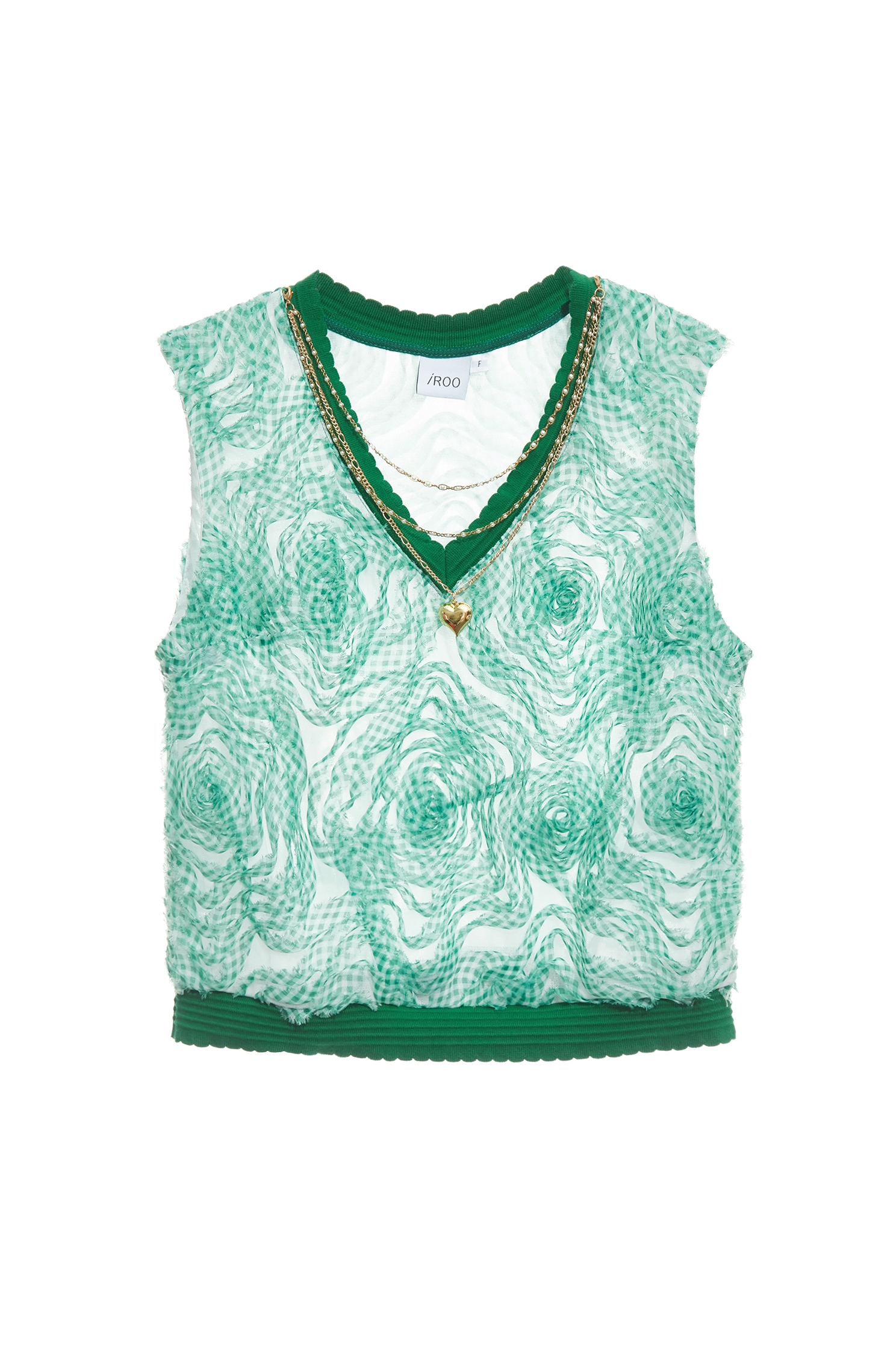 新葉綠格紋上衣新葉綠格紋上衣,V領上衣,V領背心,一般背心,一般背心馬甲,上衣,春夏穿搭,時髦成套搭配,格紋,無袖背心,背心,花花世界,雪紡,項鍊