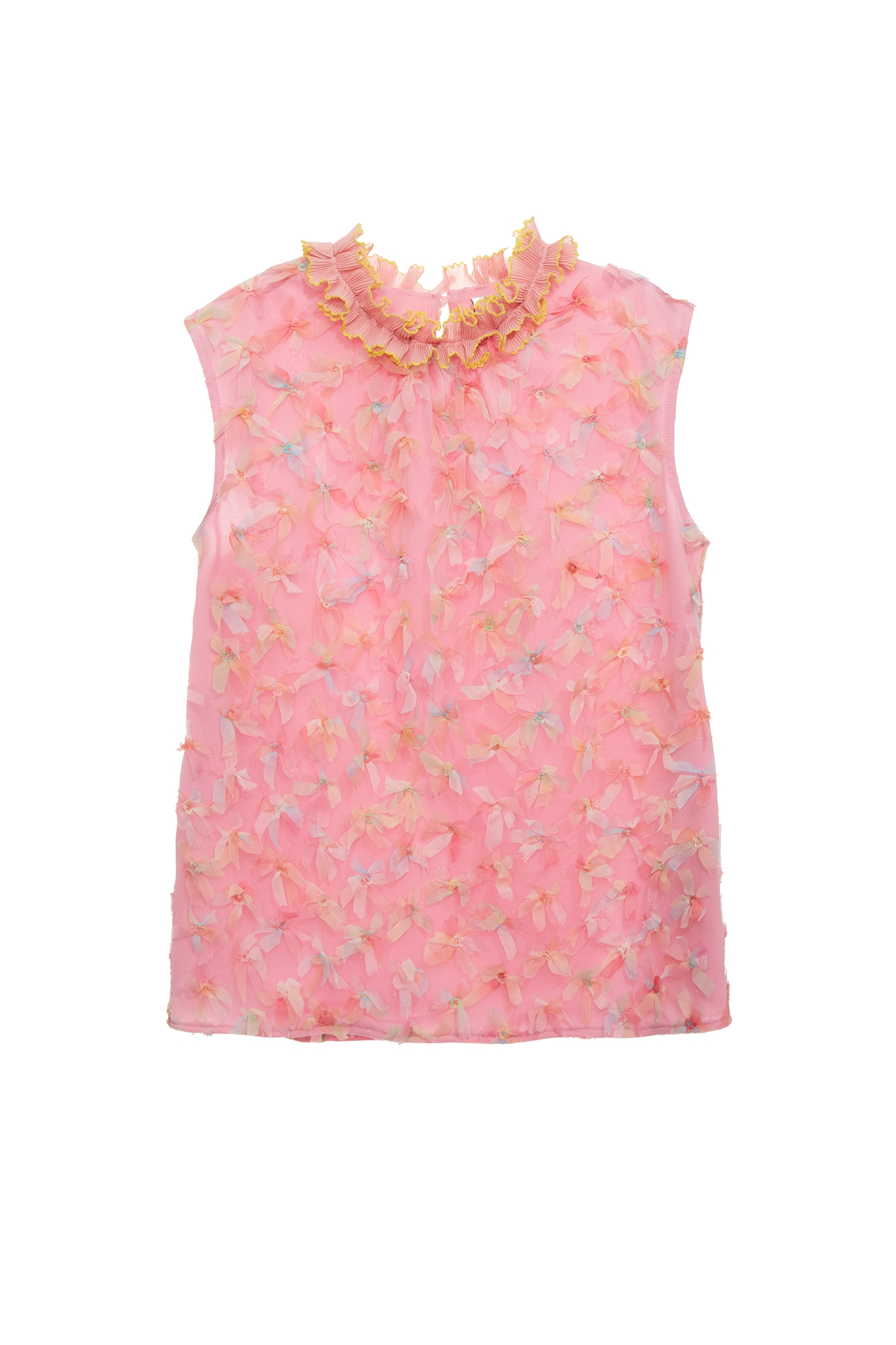 五彩結飾網紗上衣五彩結飾網紗上衣,一般背心,一般背心馬甲,上衣,春夏穿搭,時髦成套搭配,網紗,背心,花花世界,荷葉