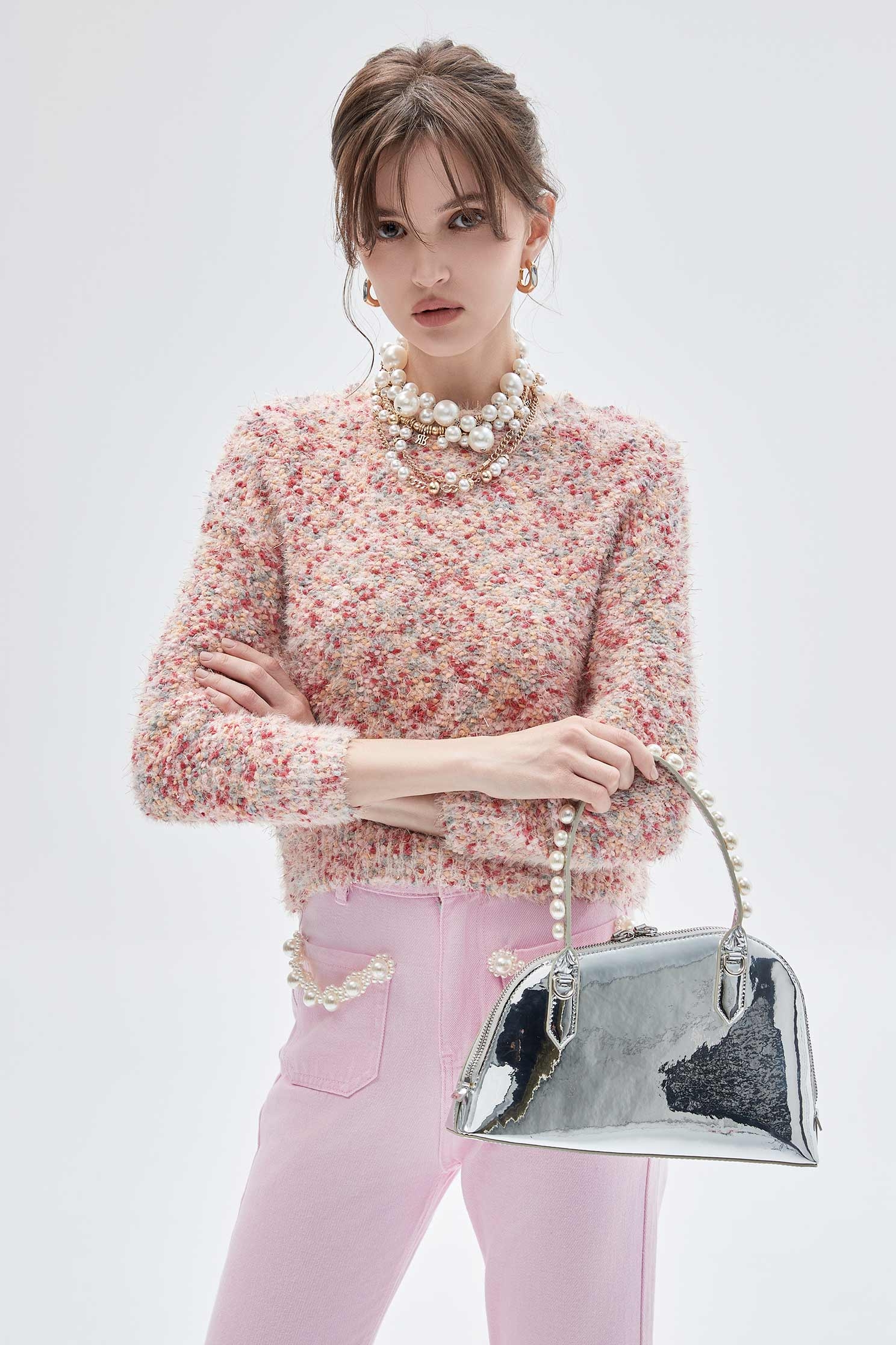 玫瑰花蕾色偽花呢紗針織上衣玫瑰花蕾色偽花呢紗針織上衣,上衣,人氣商品,春夏穿搭,約會特輯,針織,針織衫