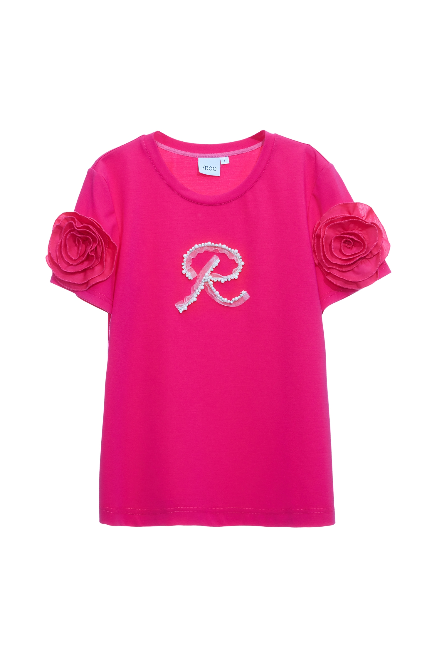 櫻桃紅色花卉袖T恤上衣櫻桃紅色花卉袖T恤上衣,T-Shirt,上衣,春夏穿搭,珍珠,網紗,花花世界