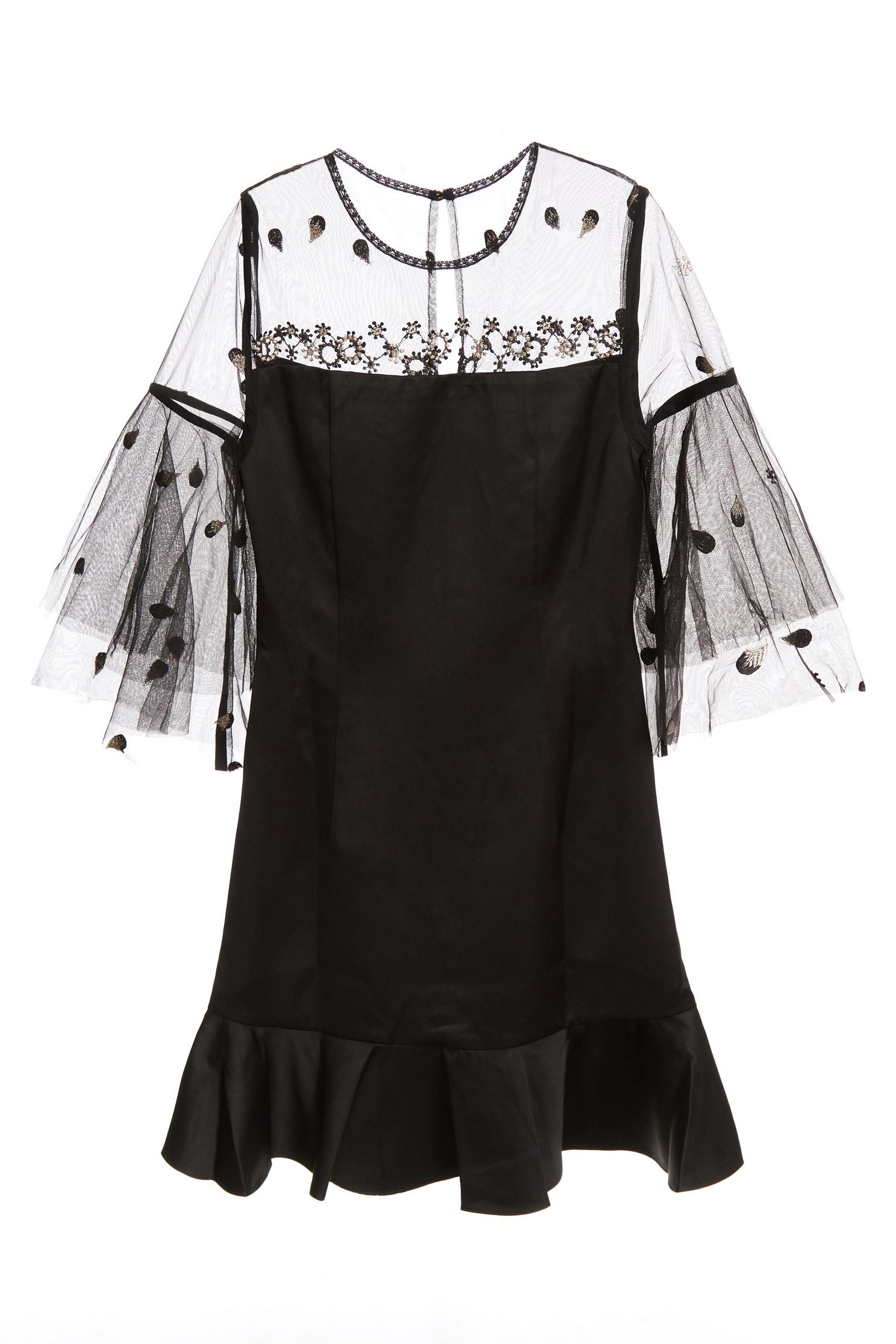 拼接紗網緞布洋裝拼接紗網緞布洋裝,一般洋裝,小禮服,春夏穿搭,母親節專區,禮服,繡花,荷葉,蕾絲,黑色洋裝