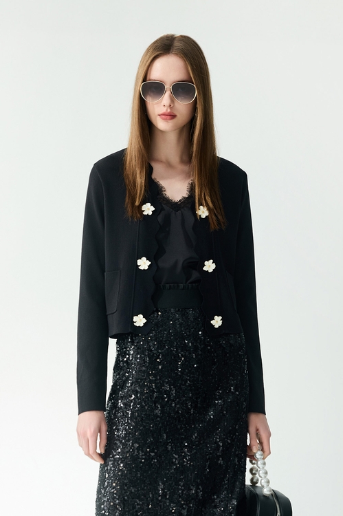 立體花飾針織外罩,黑色外套