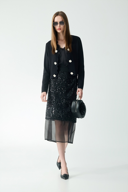 立體花飾針織外罩,黑色外套