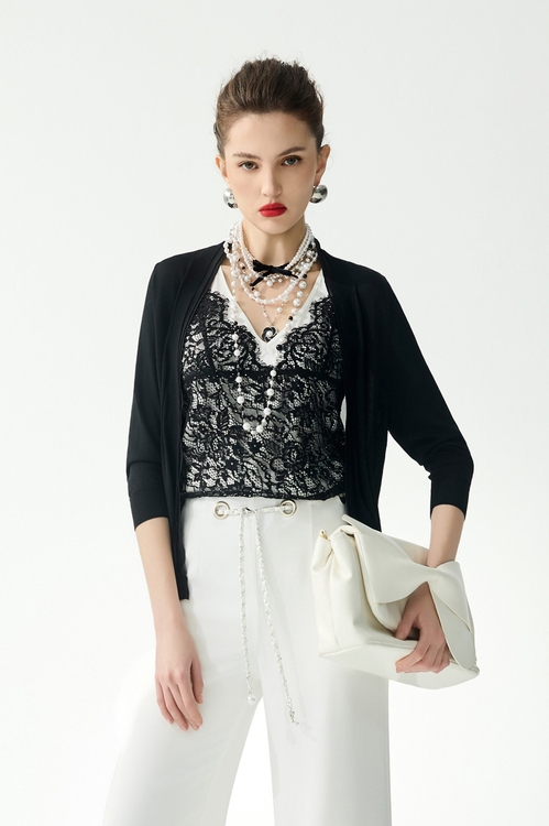 細織針織拼接雪紡針織外罩,黑色外套