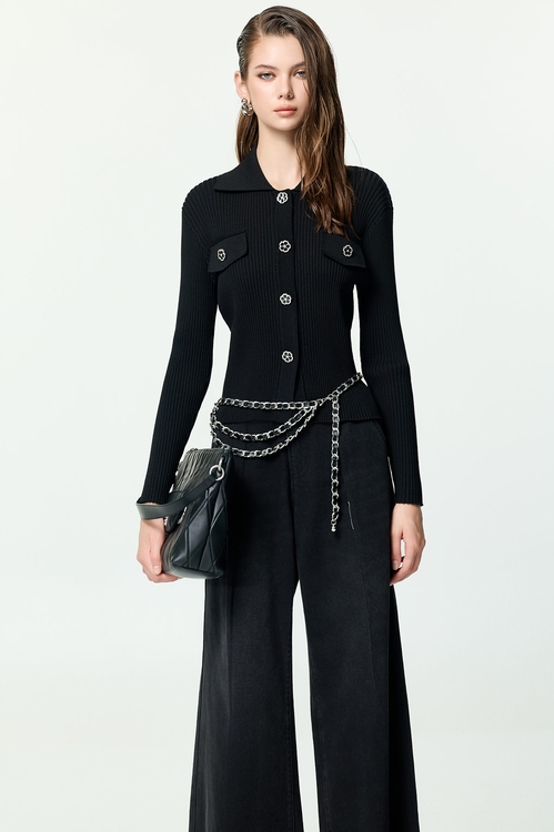 坑條修身花朵釦飾針織外罩,針織外套